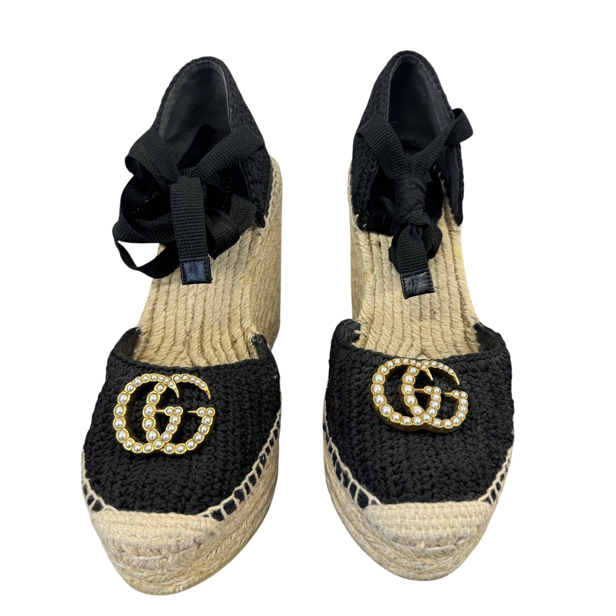 Women's Crochet Lilibeth Logo Embellished Platform Wedge Espadrilles Black Size EU 36 / UK 3