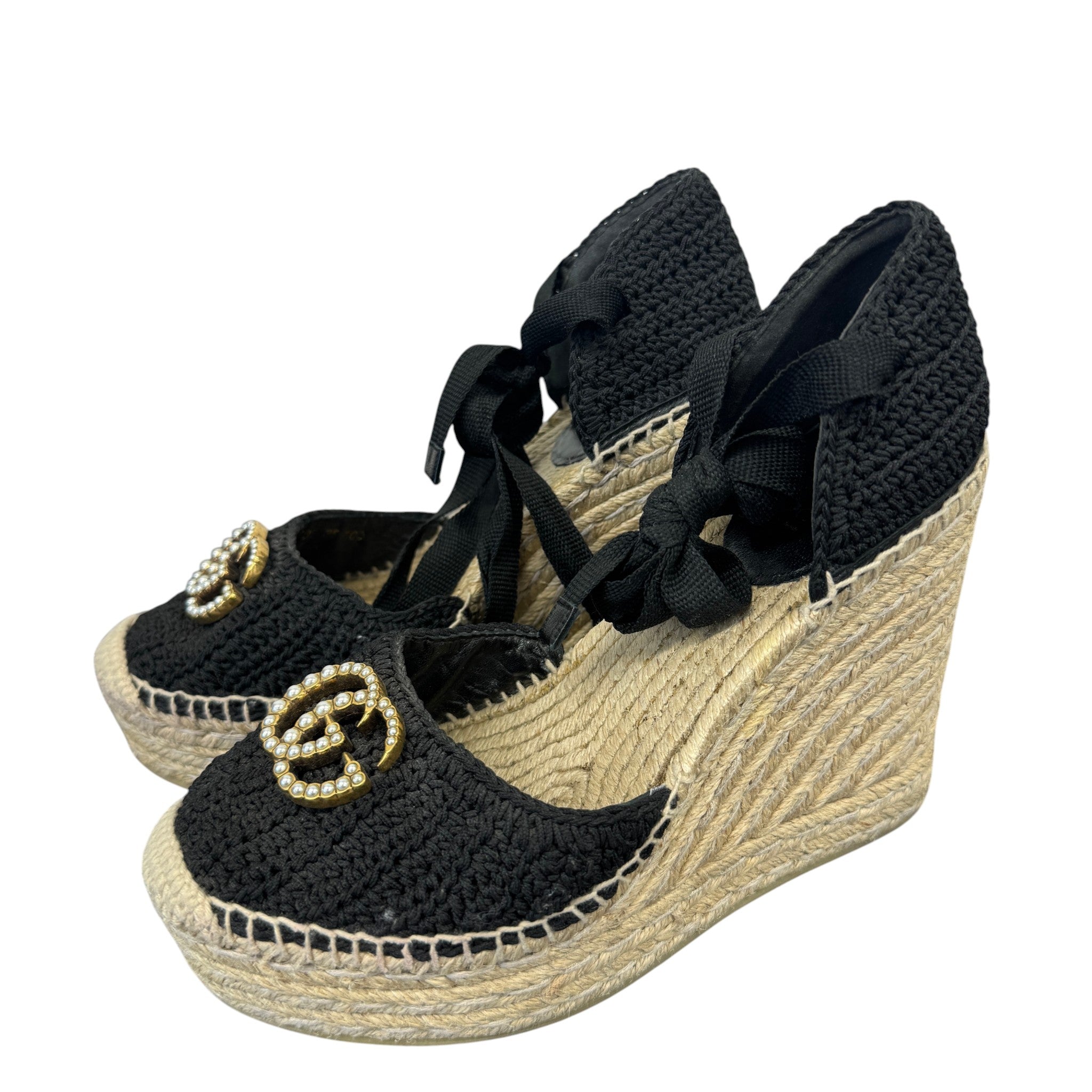Women's Crochet Lilibeth Logo Embellished Platform Wedge Espadrilles Black Size EU 36 / UK 3