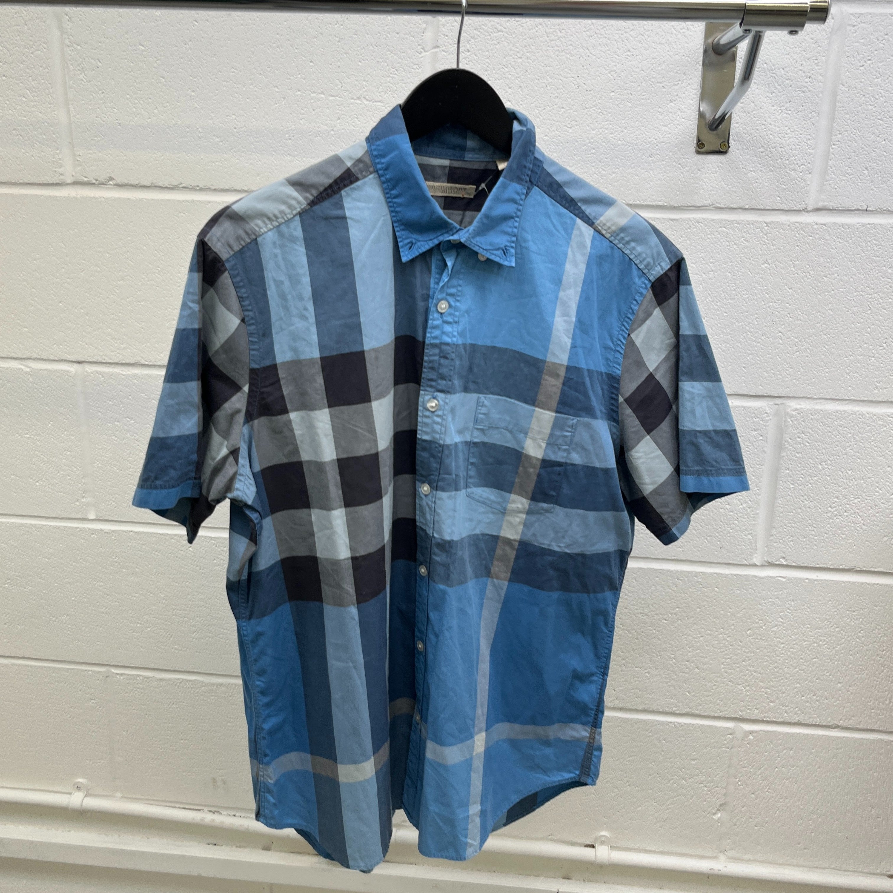 Men's Check Print Short Sleeve Shirt Blue Size XL