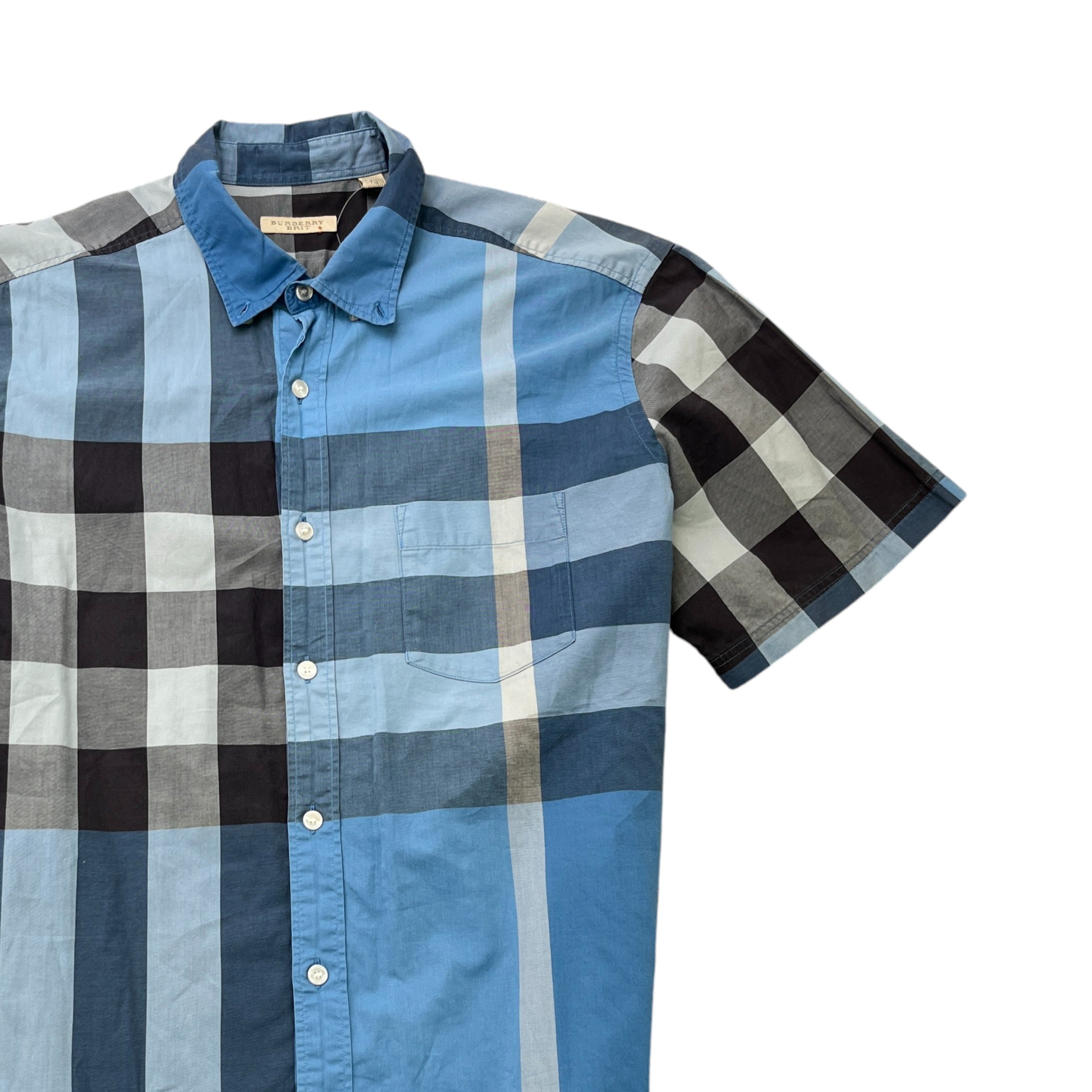 Men's Check Print Short Sleeve Shirt Blue Size XL