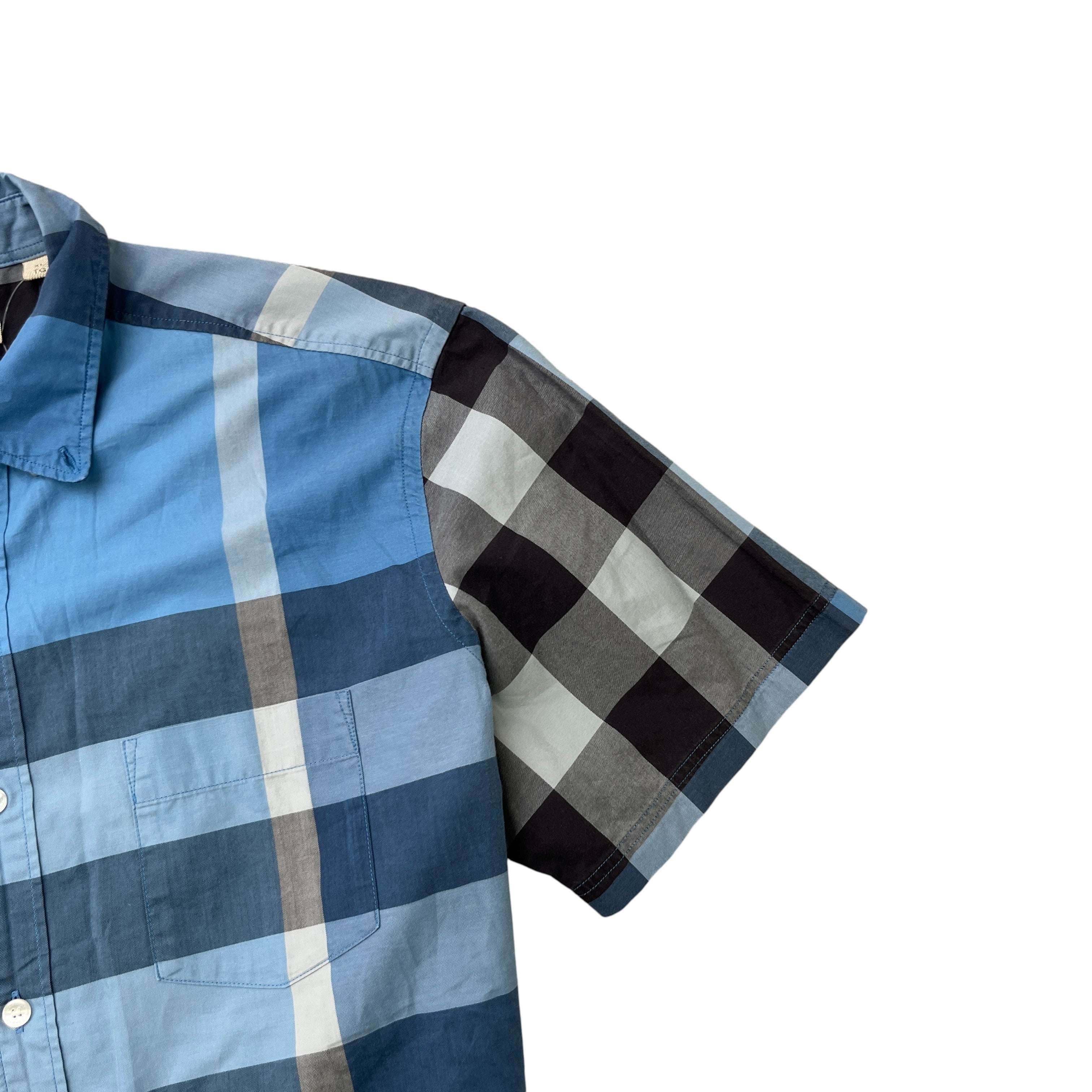 Men's Check Print Short Sleeve Shirt Blue Size XL