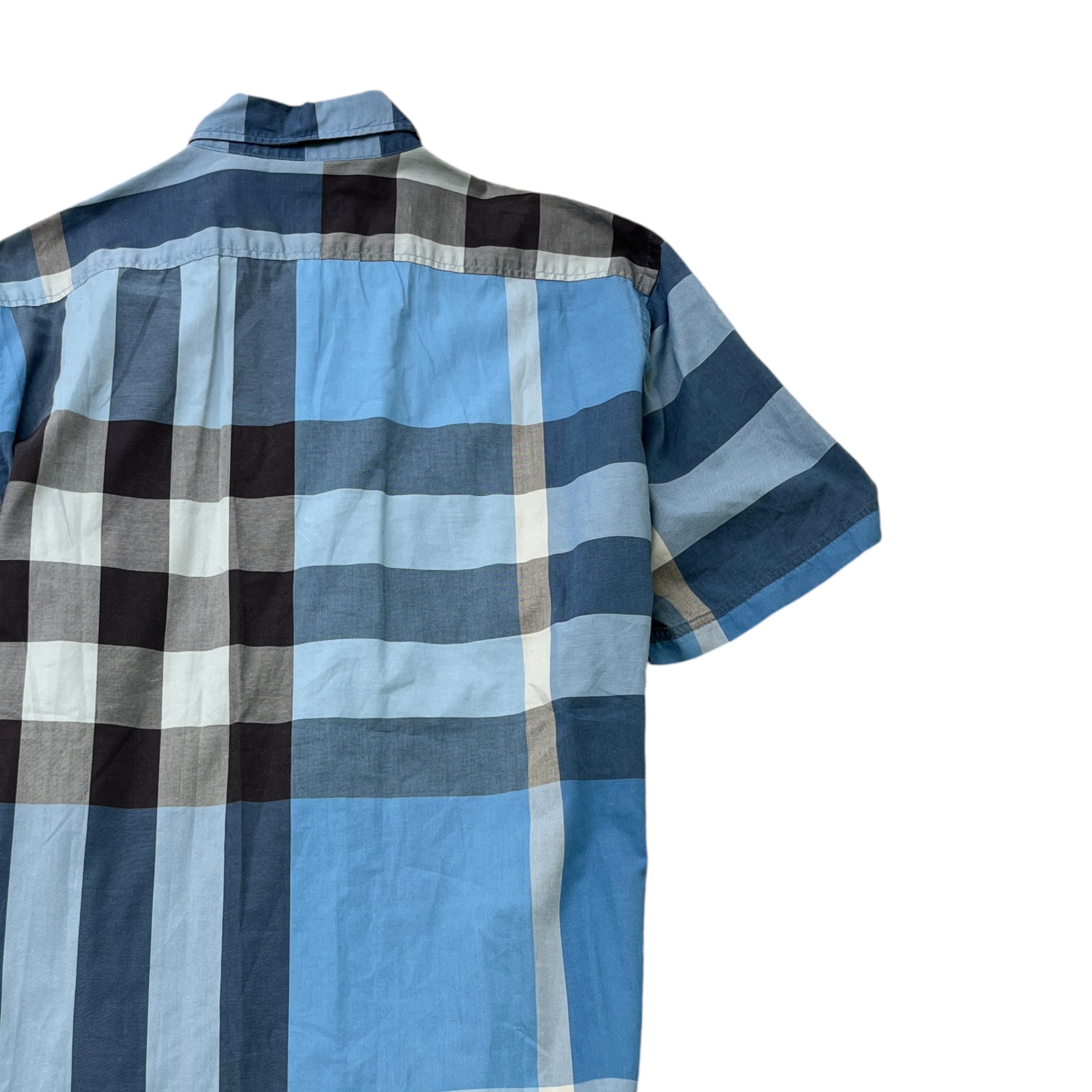 Men's Check Print Short Sleeve Shirt Blue Size XL