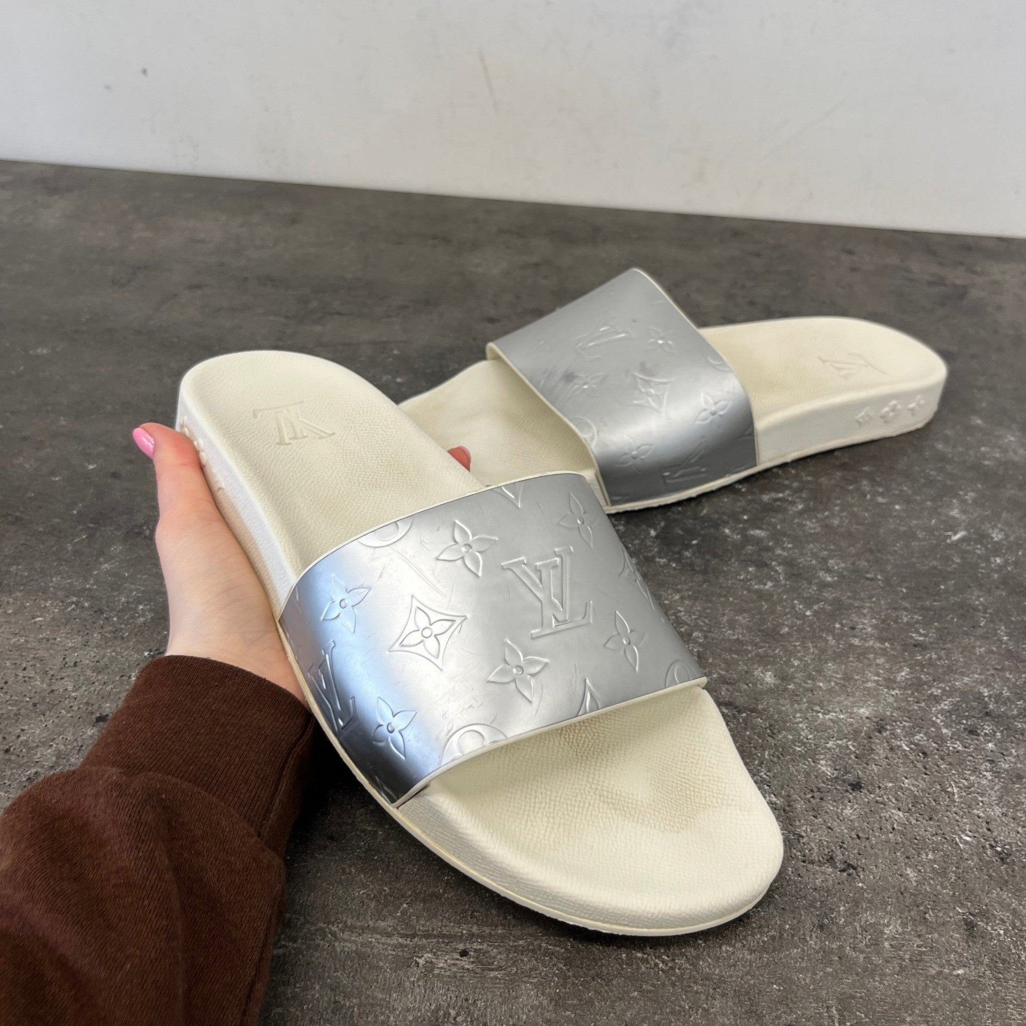 Men's Monogram Waterfront Mules Slides Silver Size EU 42 / UK 8