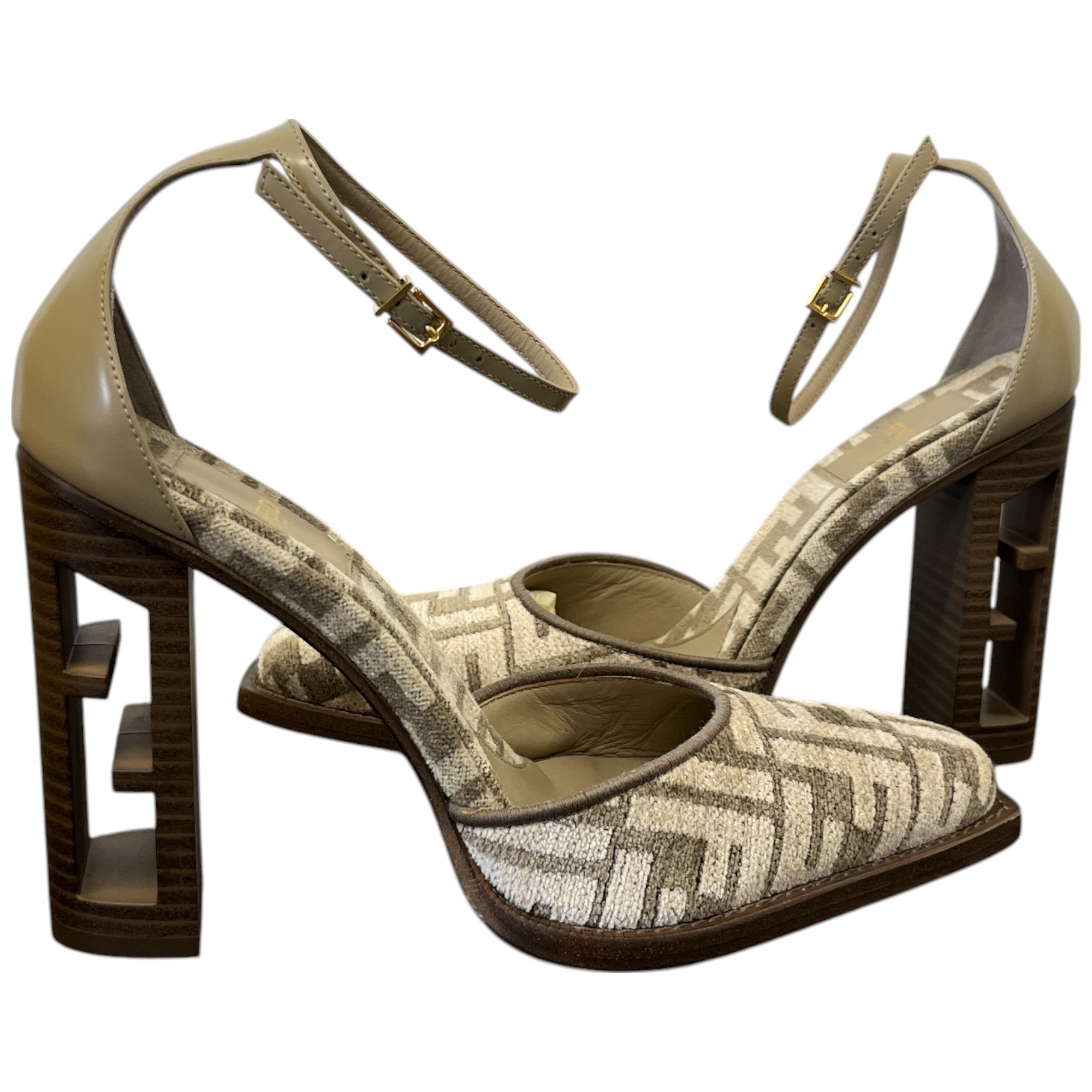 Women's Ff Cut Heels Chenille Court Ankle Strap Heels Beige Size EU 37.5 / UK 4.5