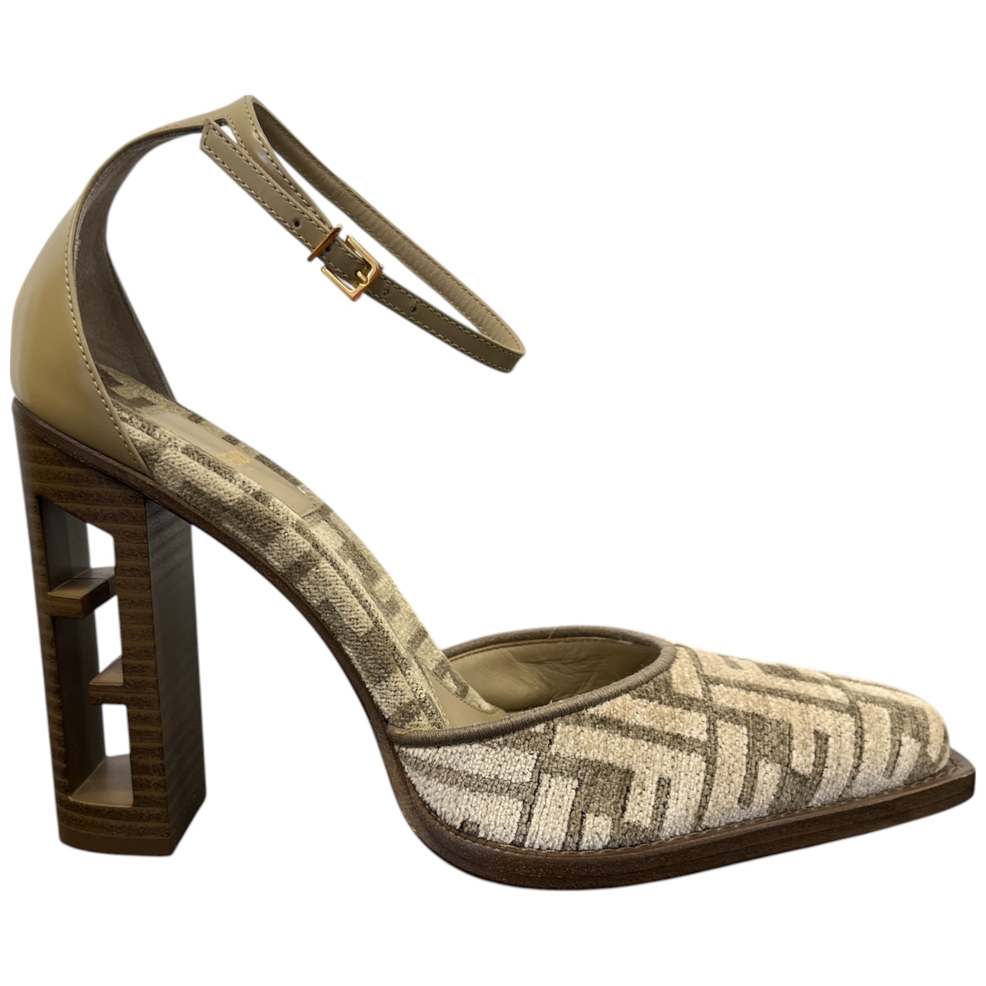 Women's Ff Cut Heels Chenille Court Ankle Strap Heels Beige Size EU 37.5 / UK 4.5