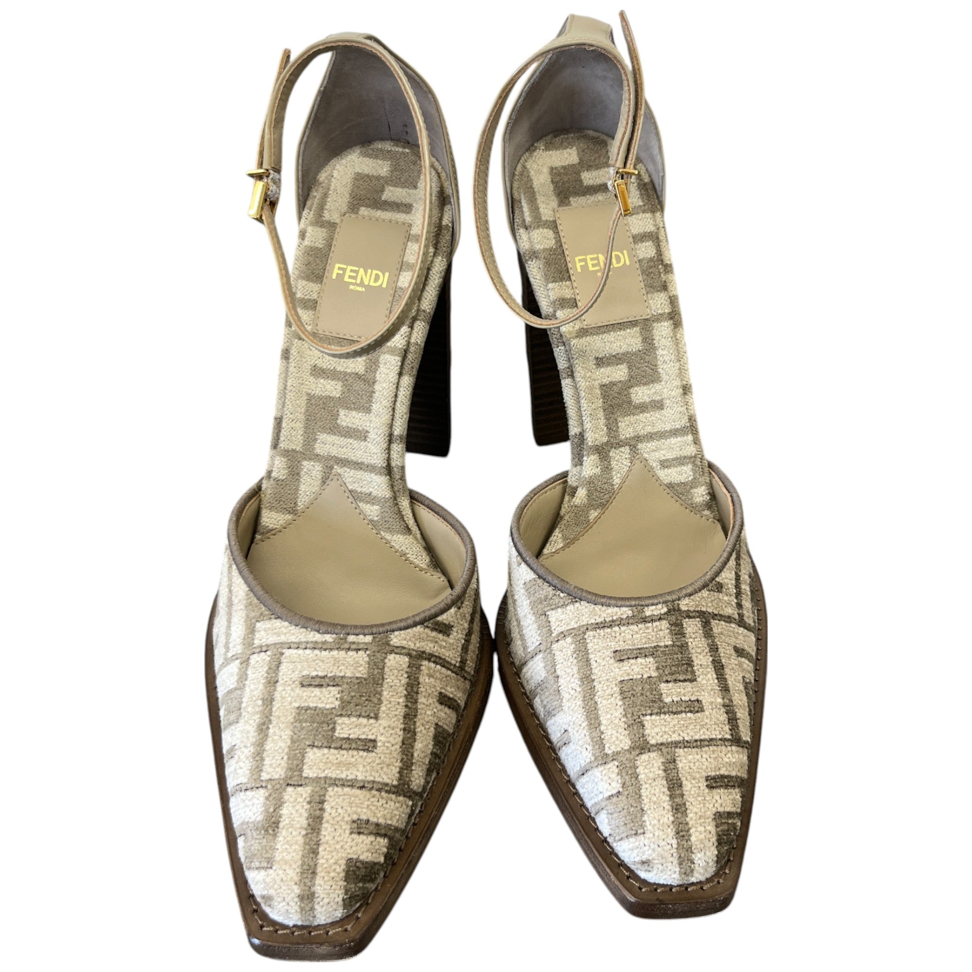 Women's Ff Cut Heels Chenille Court Ankle Strap Heels Beige Size EU 37.5 / UK 4.5