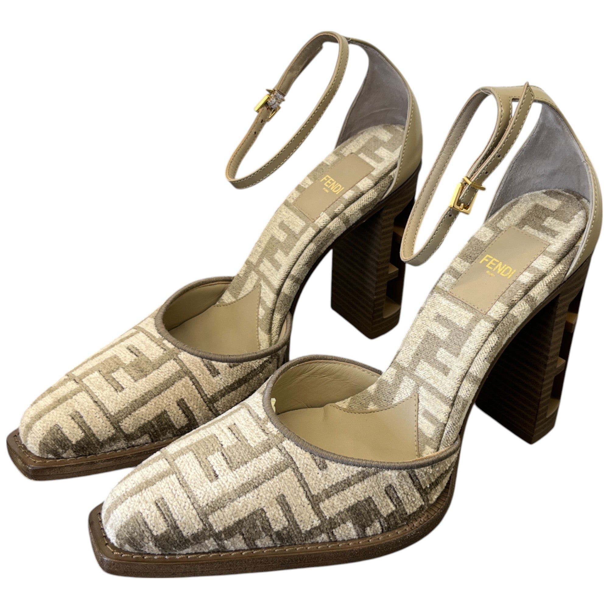 Women's Ff Cut Heels Chenille Court Ankle Strap Heels Beige Size EU 37.5 / UK 4.5