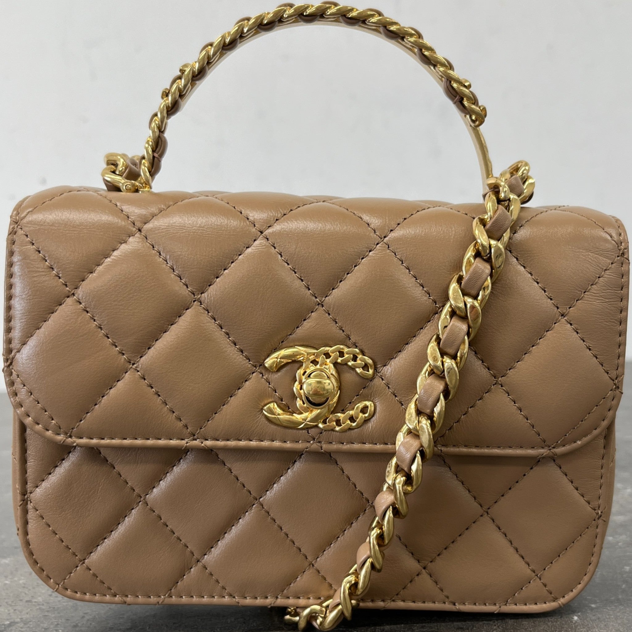 Women's Lambskin Enamel Quilted Mini Top Handle Flap Bag Nude