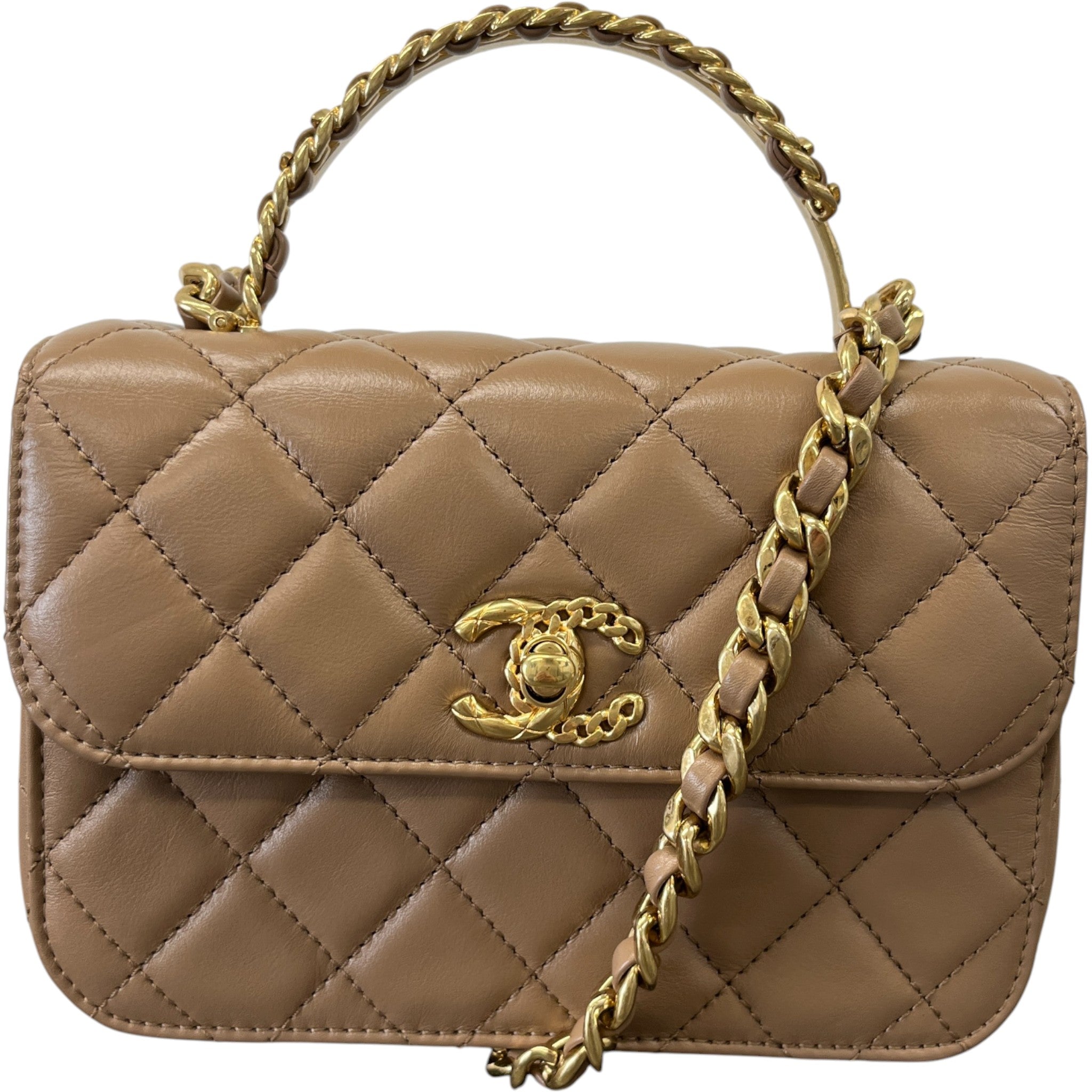 Women's Lambskin Enamel Quilted Mini Top Handle Flap Bag Nude