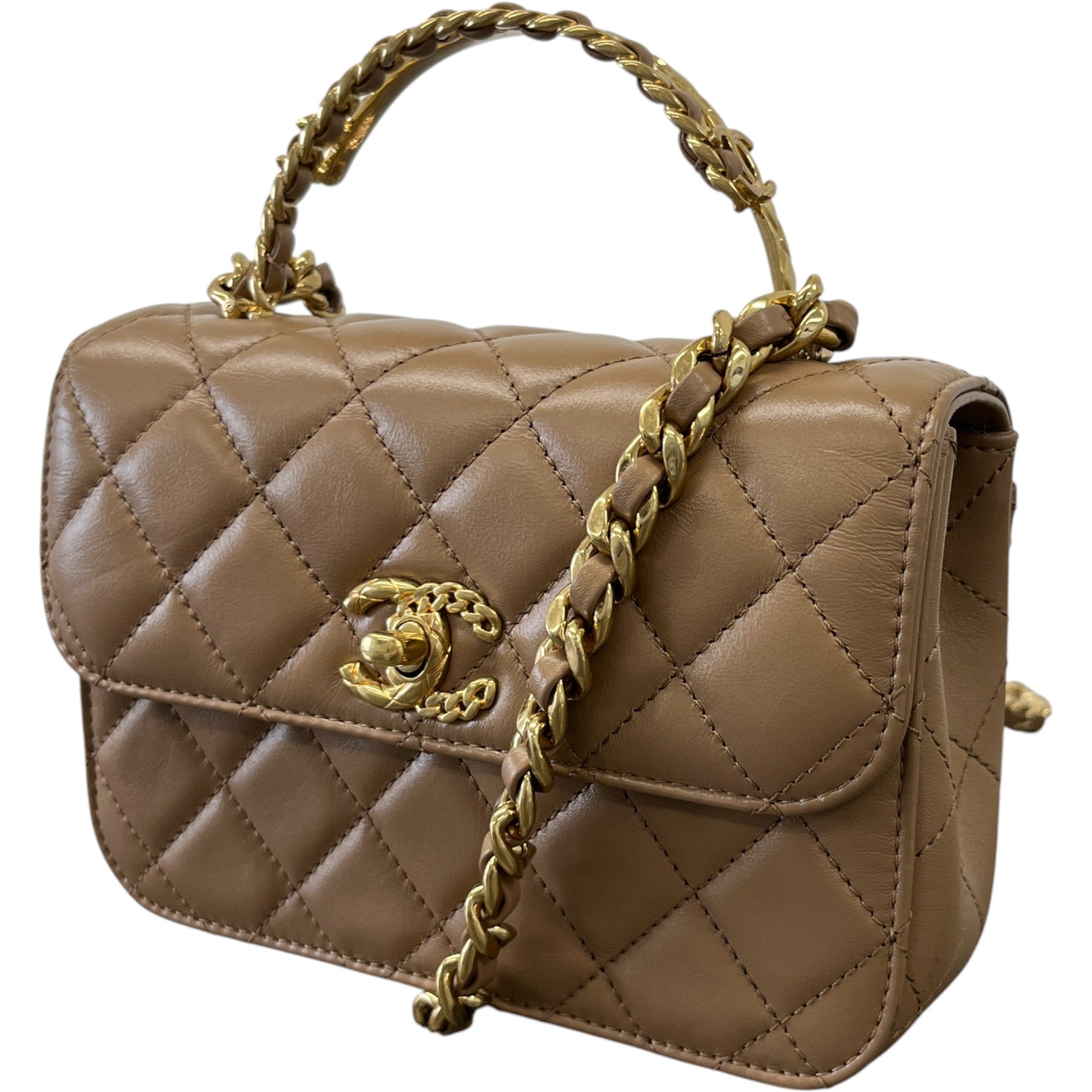 Women's Lambskin Enamel Quilted Mini Top Handle Flap Bag Nude