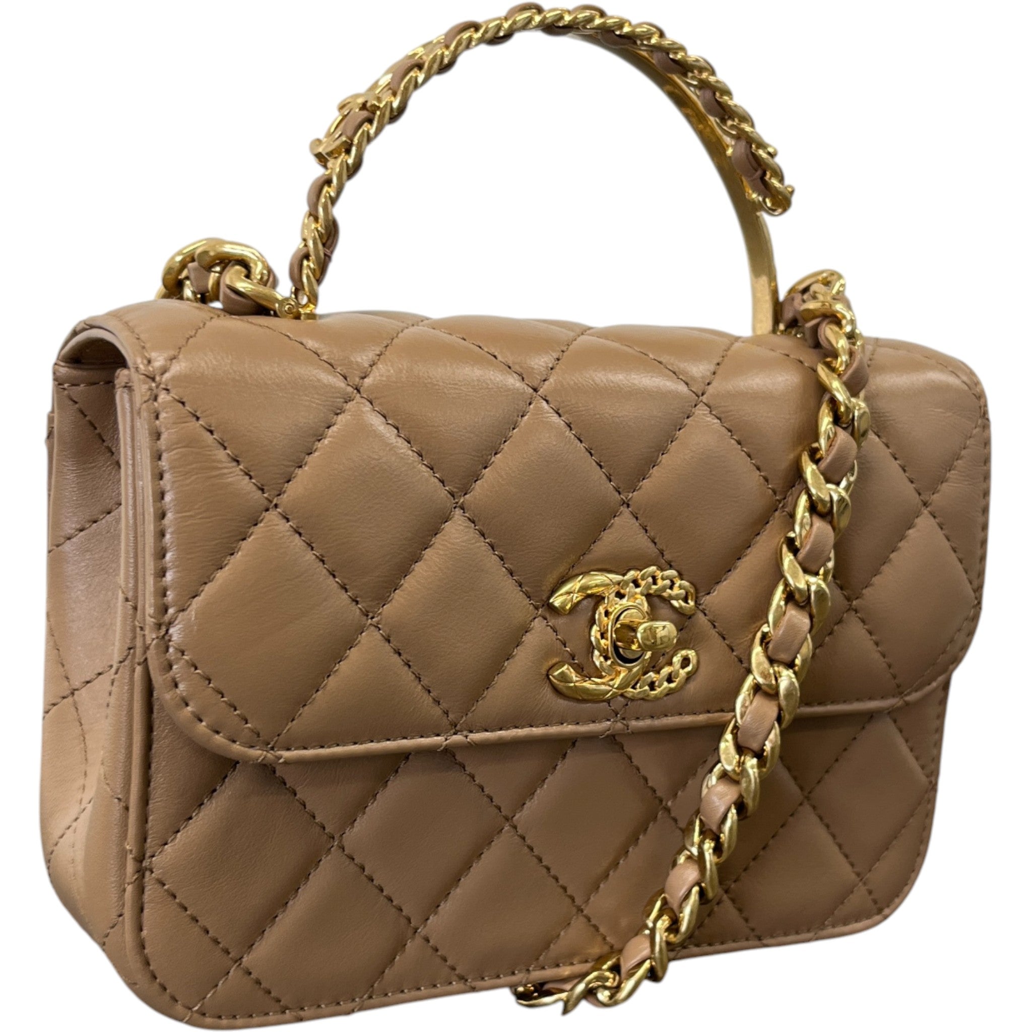 Women's Lambskin Enamel Quilted Mini Top Handle Flap Bag Nude