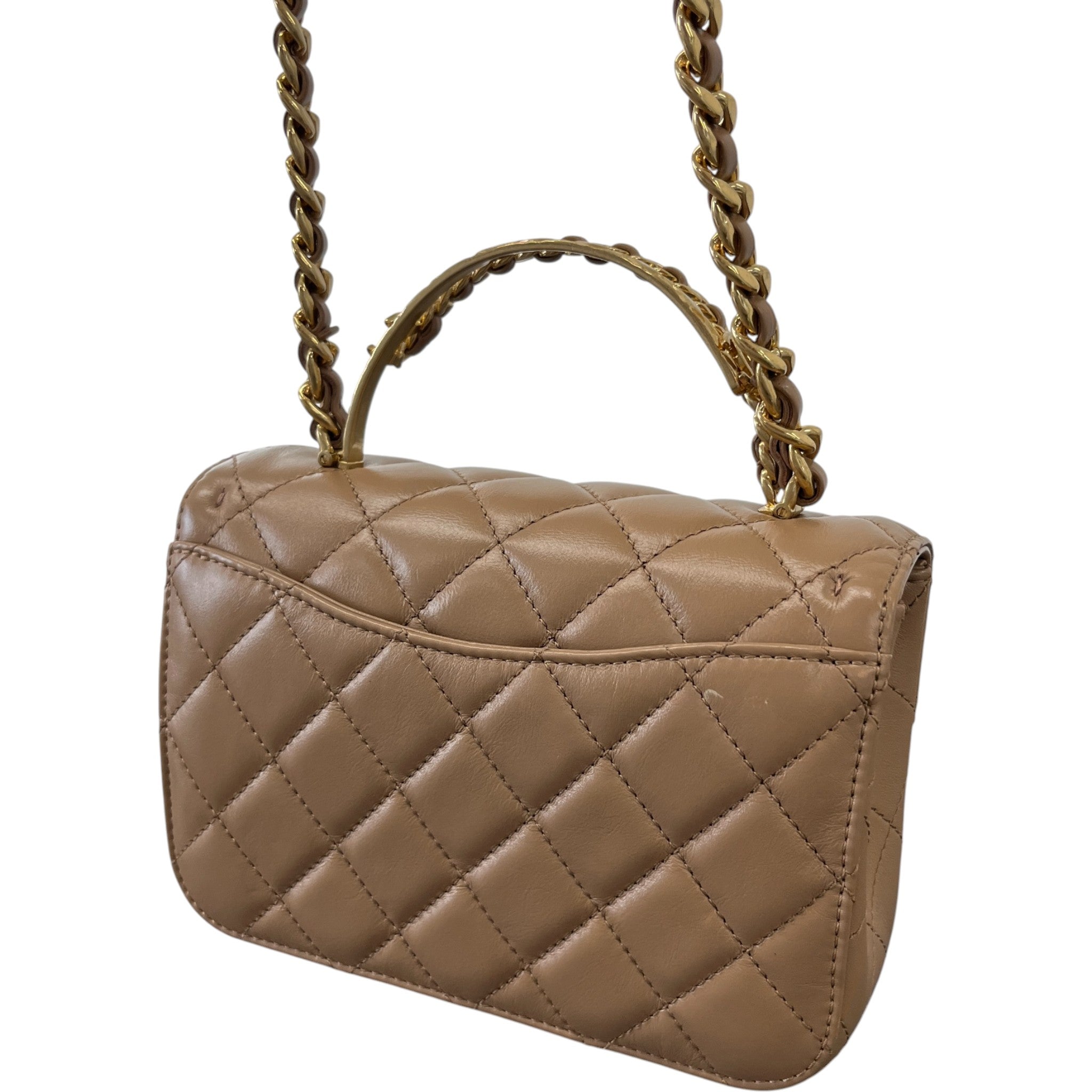 Women's Lambskin Enamel Quilted Mini Top Handle Flap Bag Nude