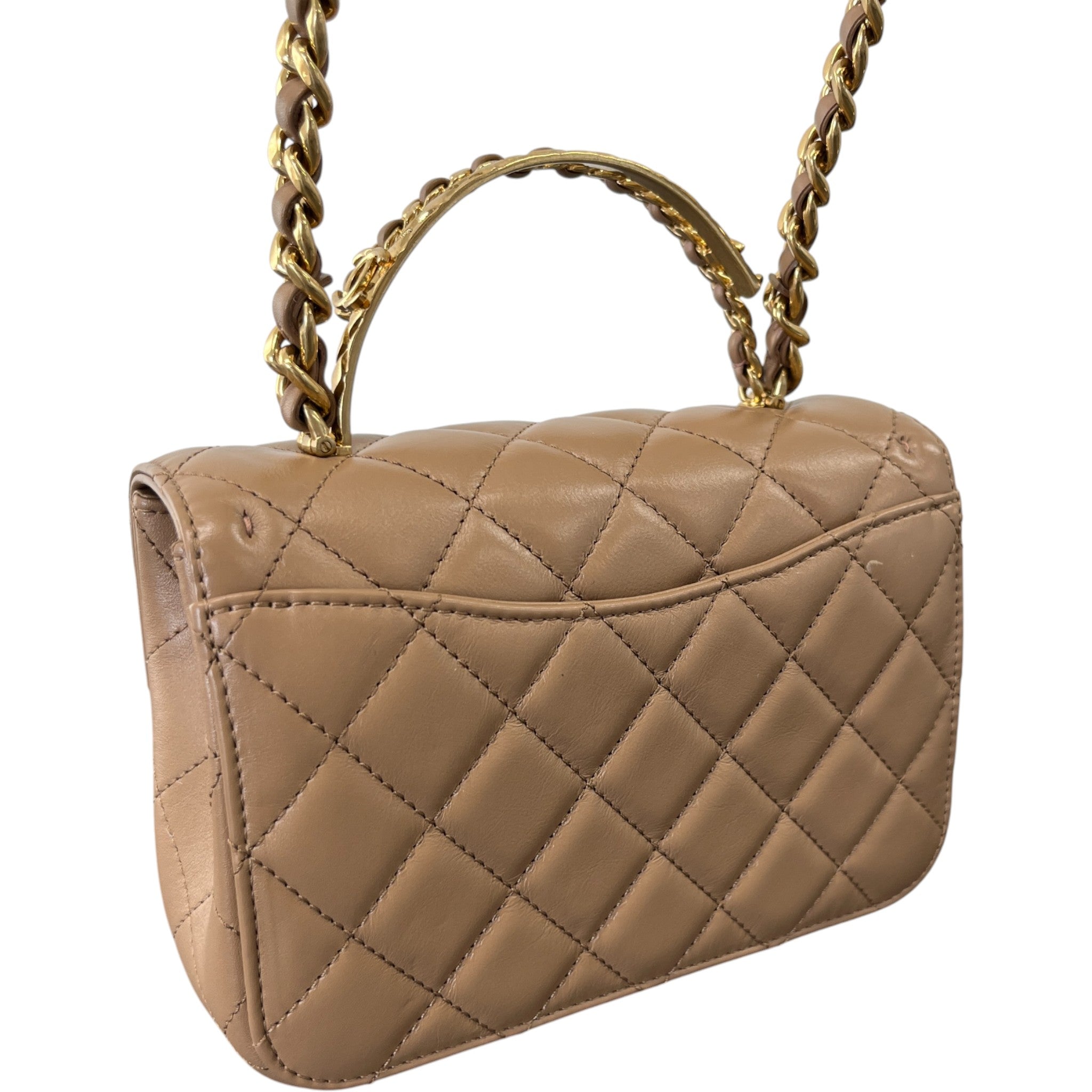 Women's Lambskin Enamel Quilted Mini Top Handle Flap Bag Nude
