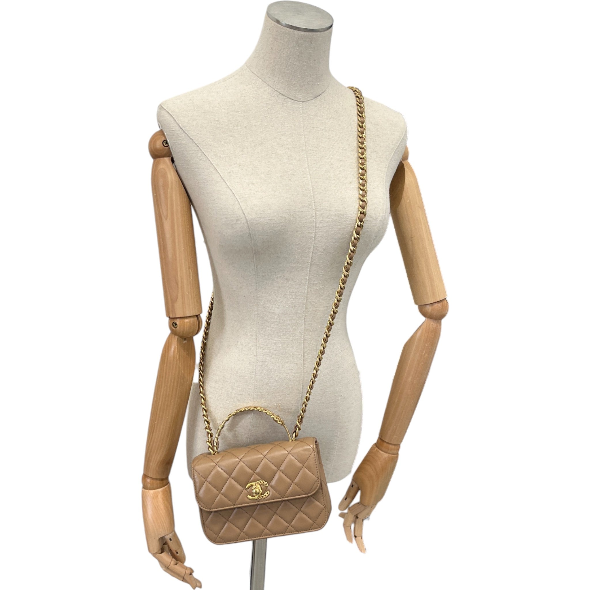 Women's Lambskin Enamel Quilted Mini Top Handle Flap Bag Nude