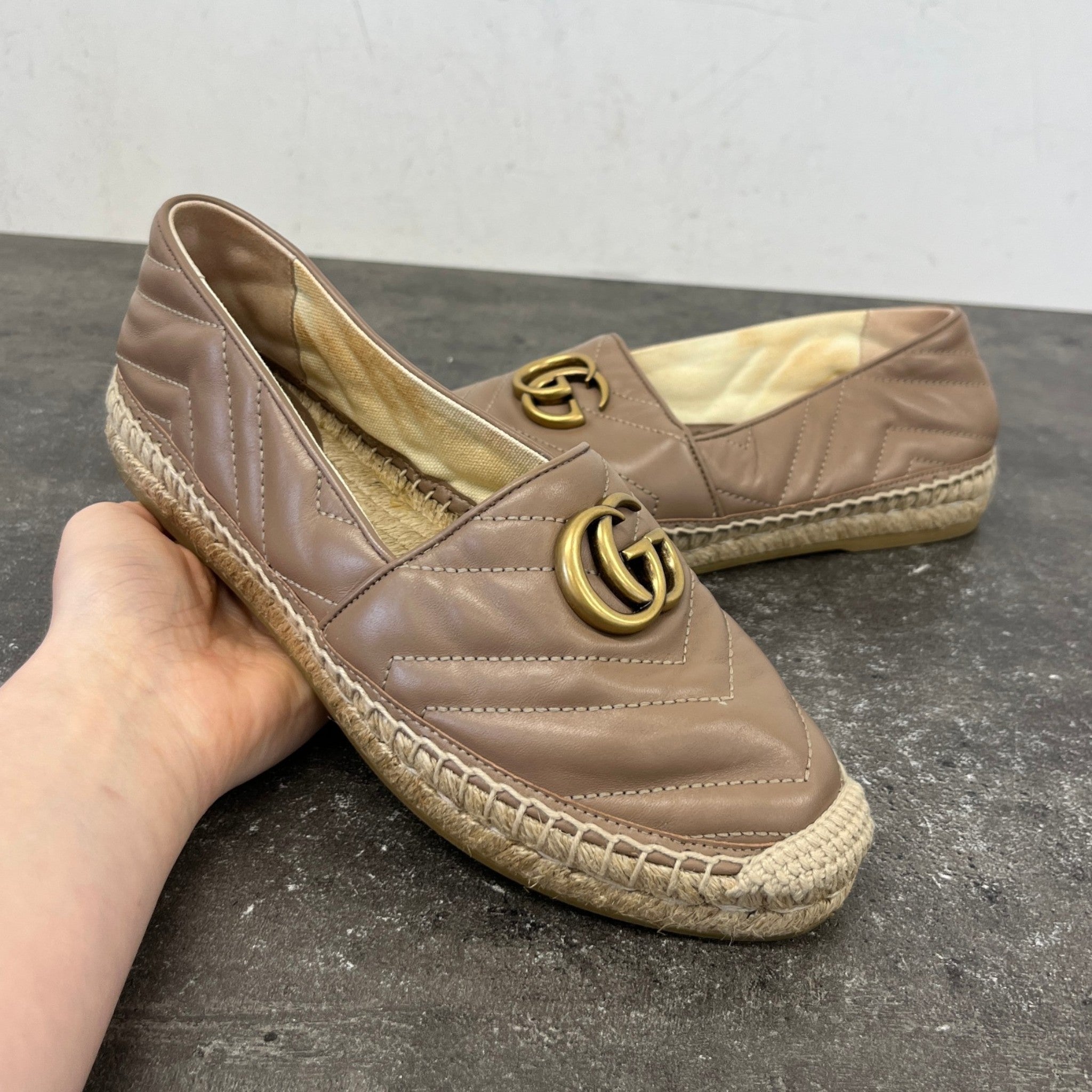 Women's Gg Marmont Matelassé Chevron Espadrilles Loafers Nude Size EU 37 / UK 4