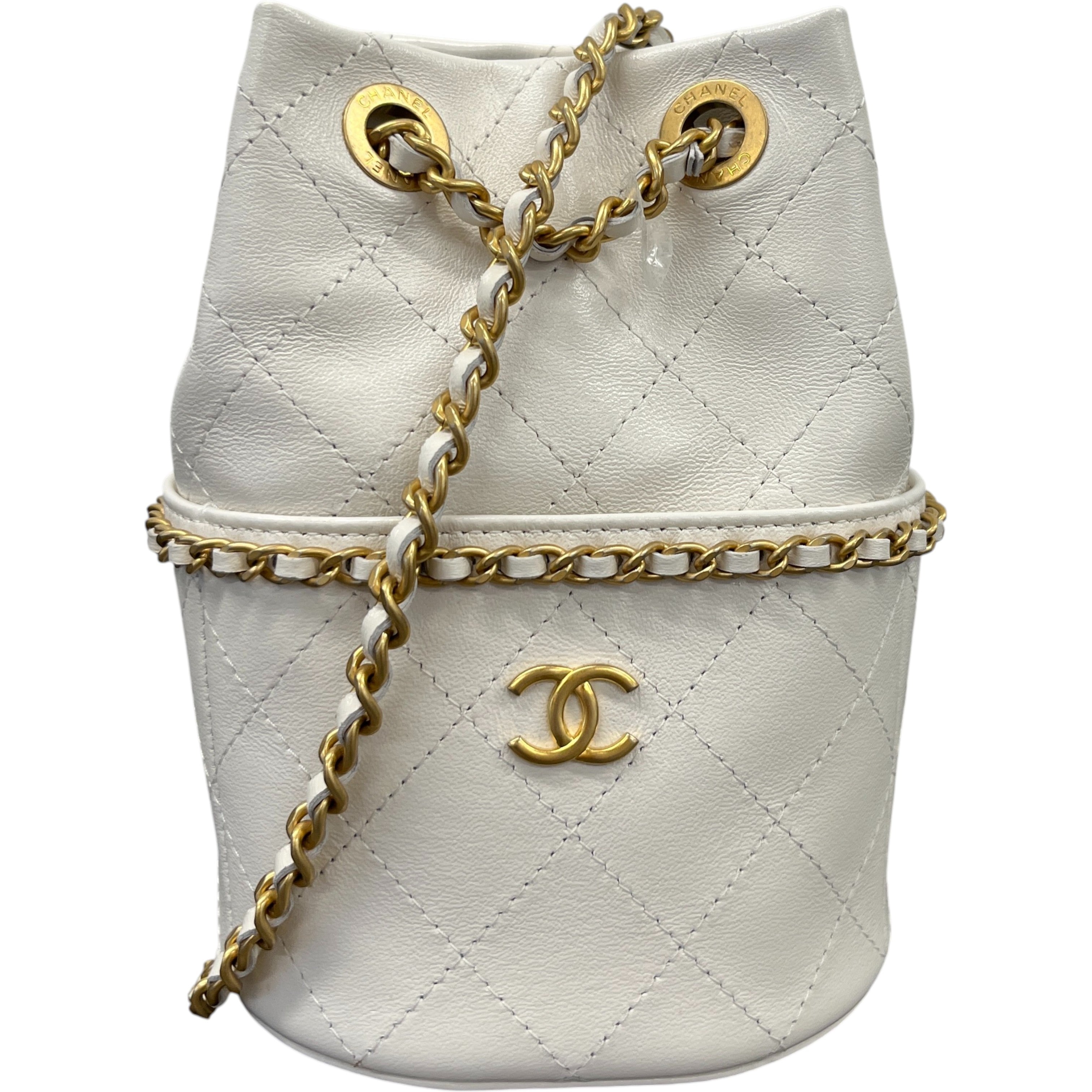 Women's Nauticoco Quilted Shiny Lambskin Mini Bucket Handbag White