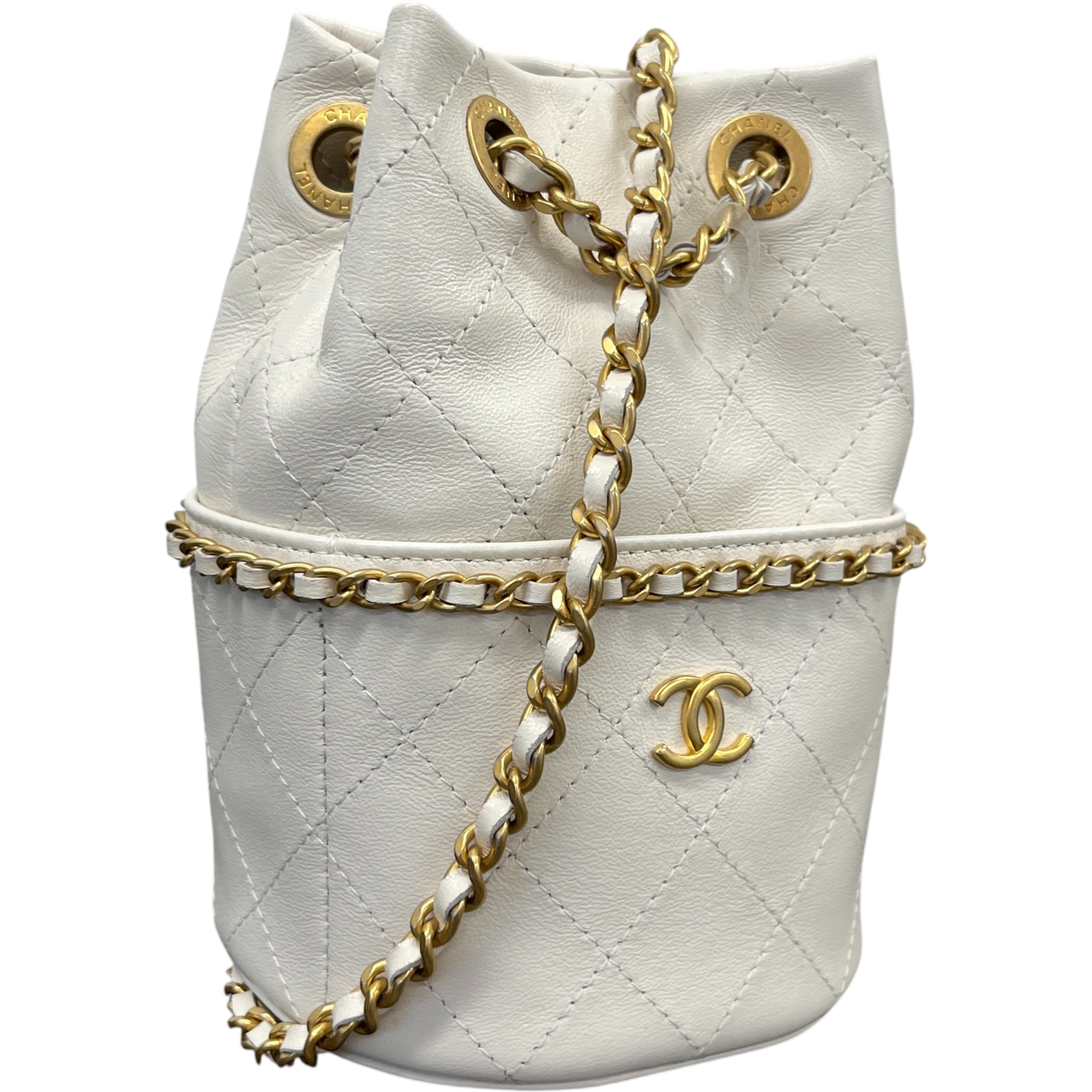Women's Nauticoco Quilted Shiny Lambskin Mini Bucket Handbag White