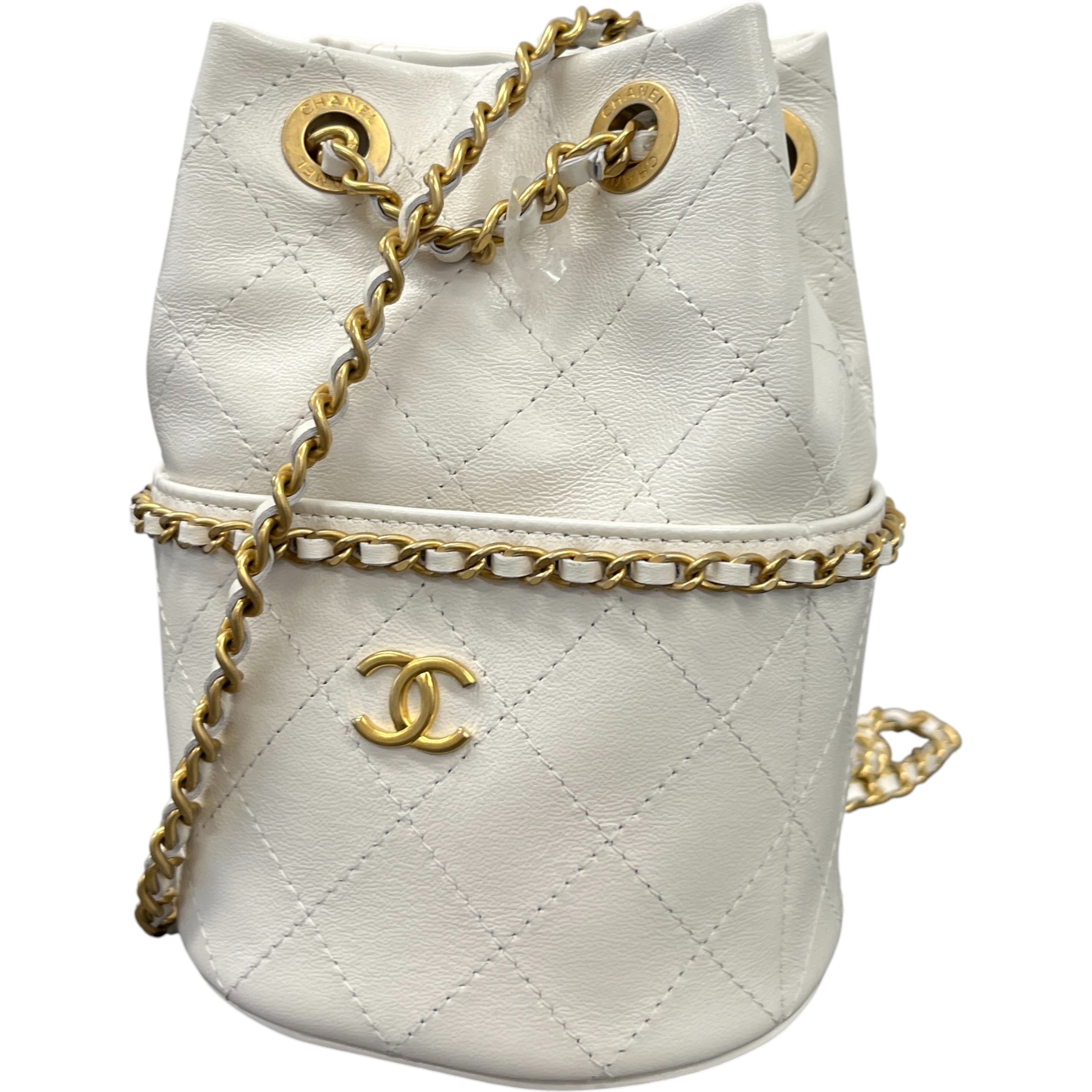 Women's Nauticoco Quilted Shiny Lambskin Mini Bucket Handbag White