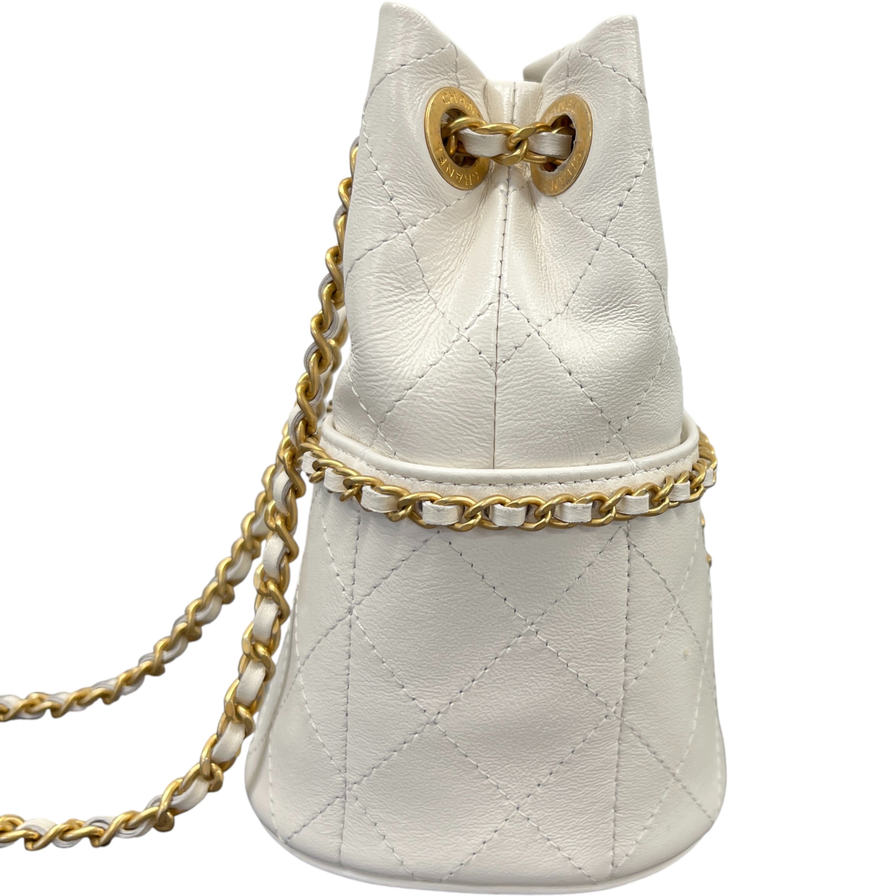 Women's Nauticoco Quilted Shiny Lambskin Mini Bucket Handbag White