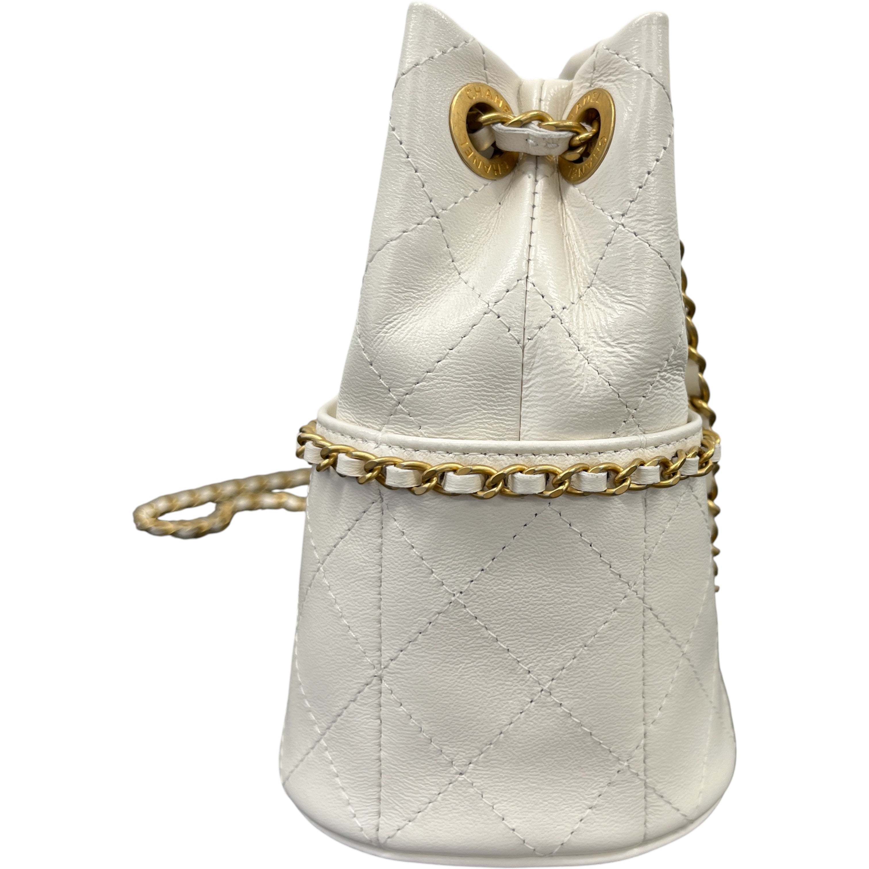 Women's Nauticoco Quilted Shiny Lambskin Mini Bucket Handbag White