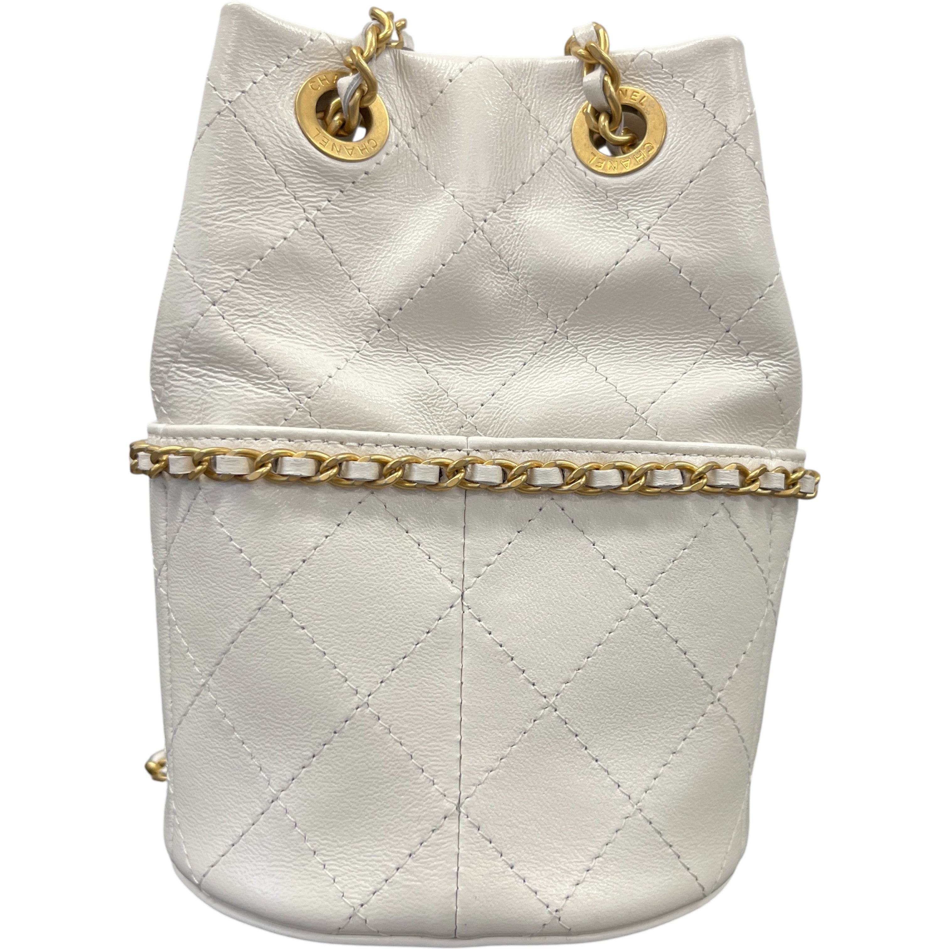 Women's Nauticoco Quilted Shiny Lambskin Mini Bucket Handbag White