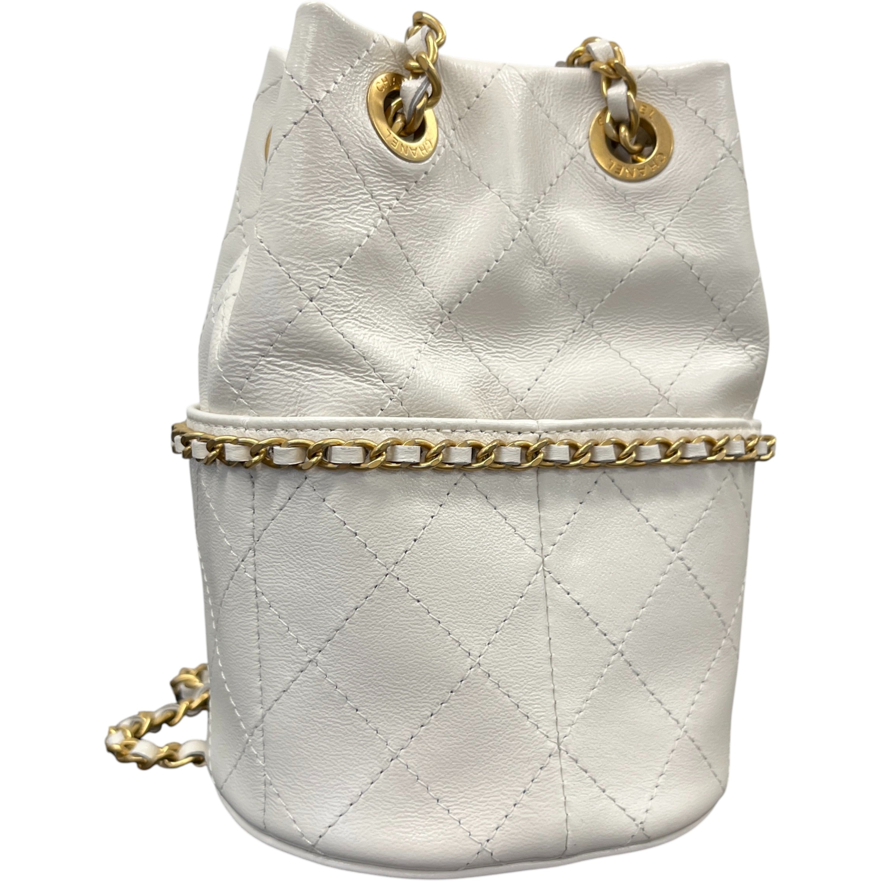 Women's Nauticoco Quilted Shiny Lambskin Mini Bucket Handbag White