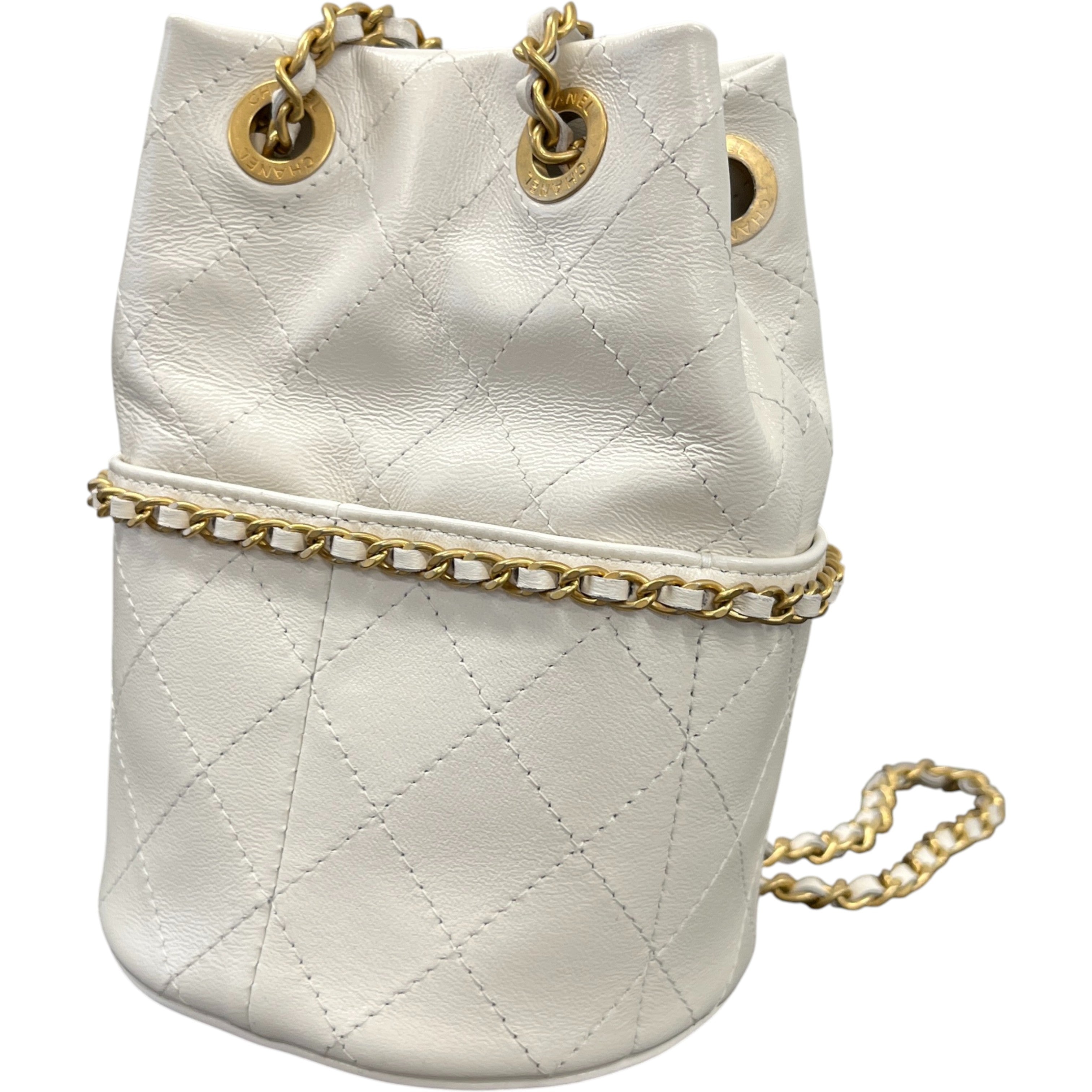 Women's Nauticoco Quilted Shiny Lambskin Mini Bucket Handbag White