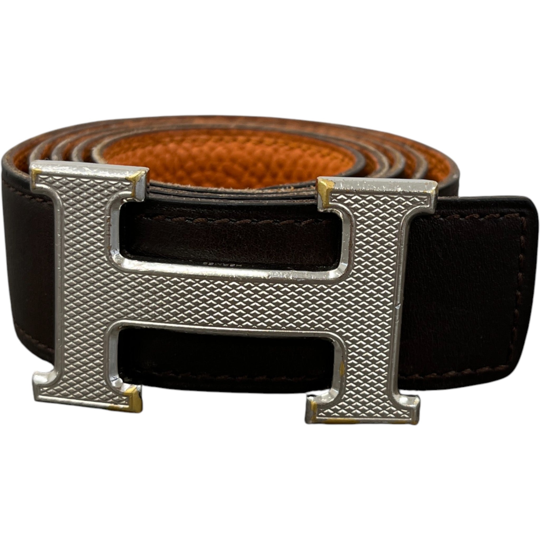 Men's H Guillochee Buckle & Reversible Belt Brown Size Waist 32"