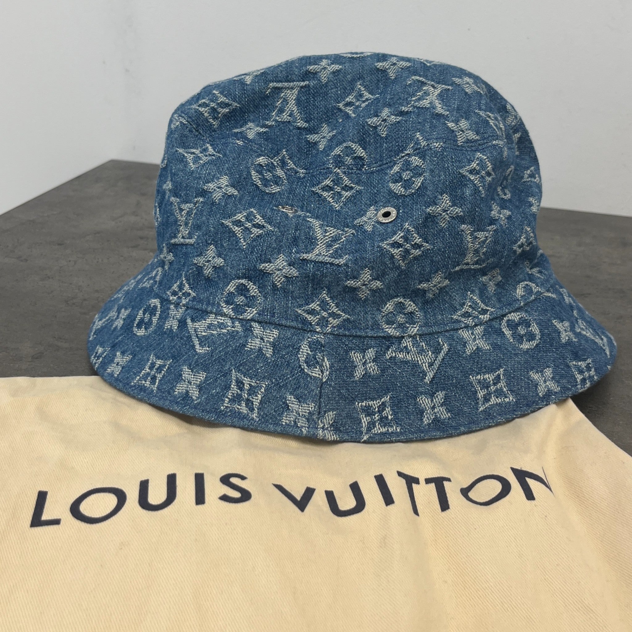 Denim Monogram Reversible Bucket Hat Blue