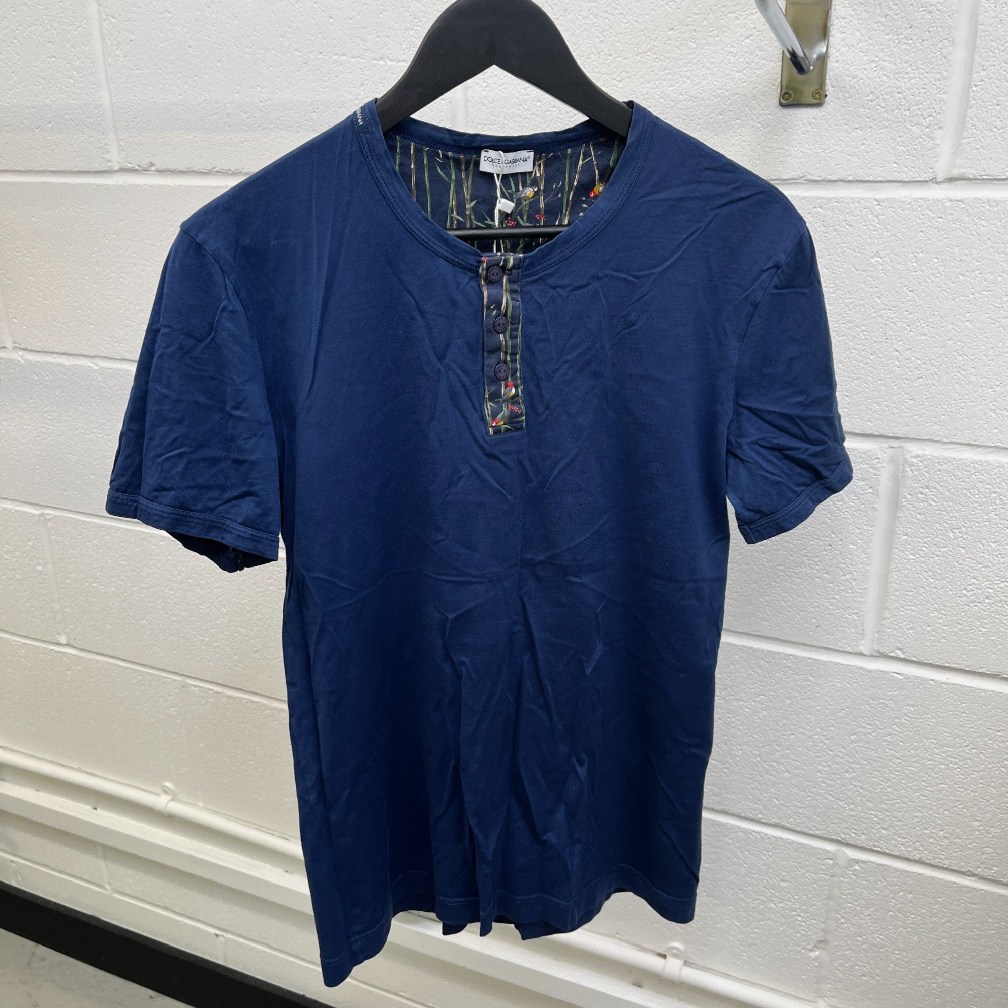 Men's Bird Print Collar T-Shirt Navy Size M