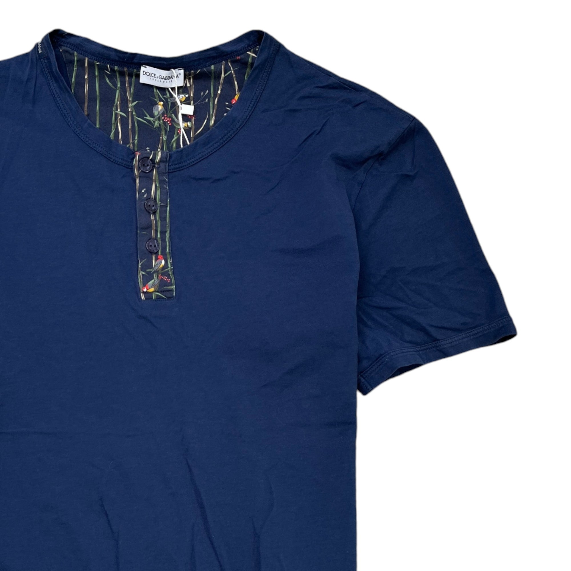 Men's Bird Print Collar T-Shirt Navy Size M