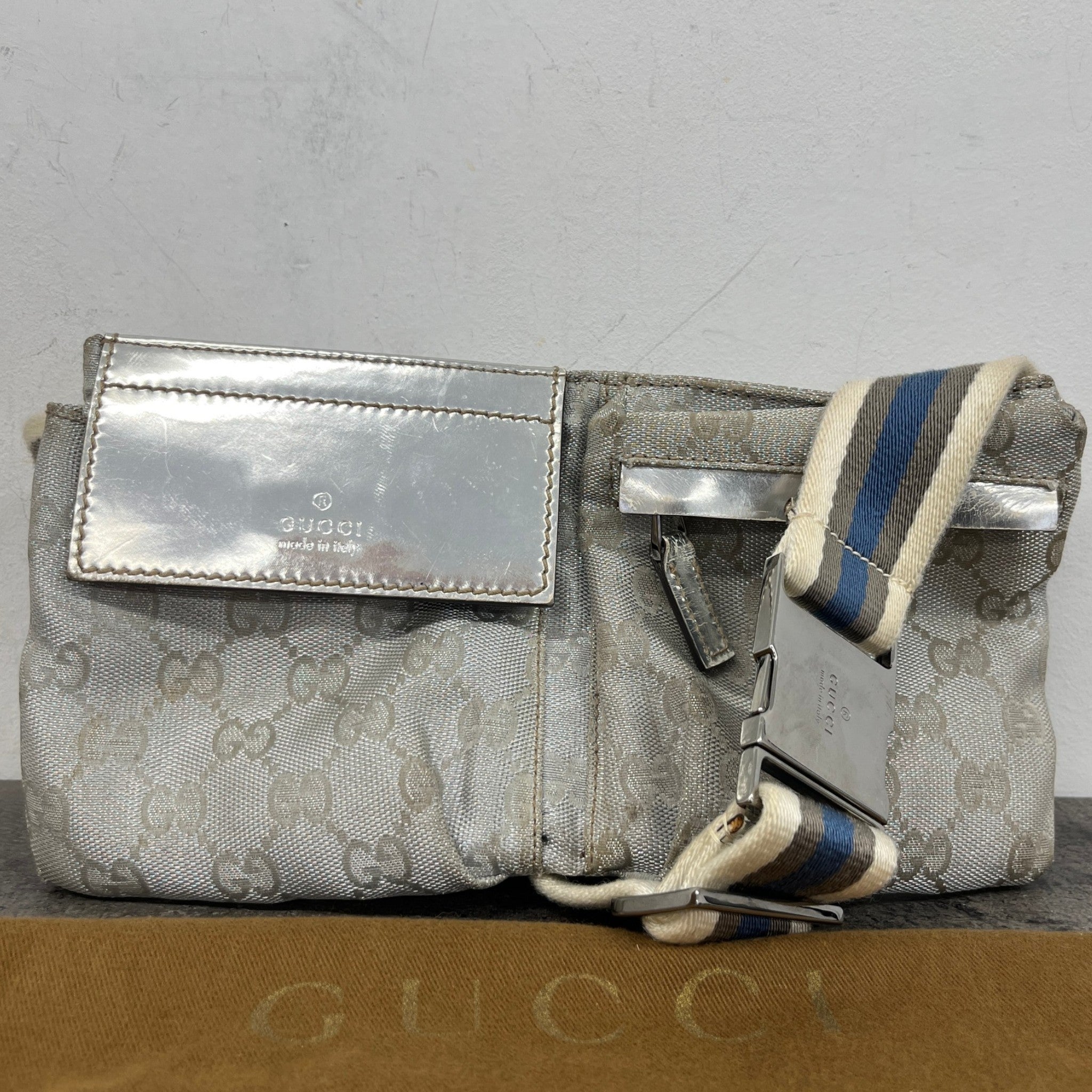 Men's Gg Supreme Web Double Pocket Belt Bag Silver