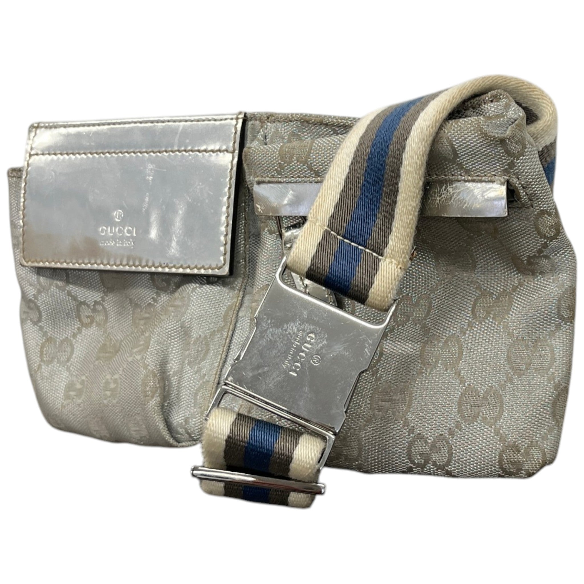 Men's Gg Supreme Web Double Pocket Belt Bag Silver