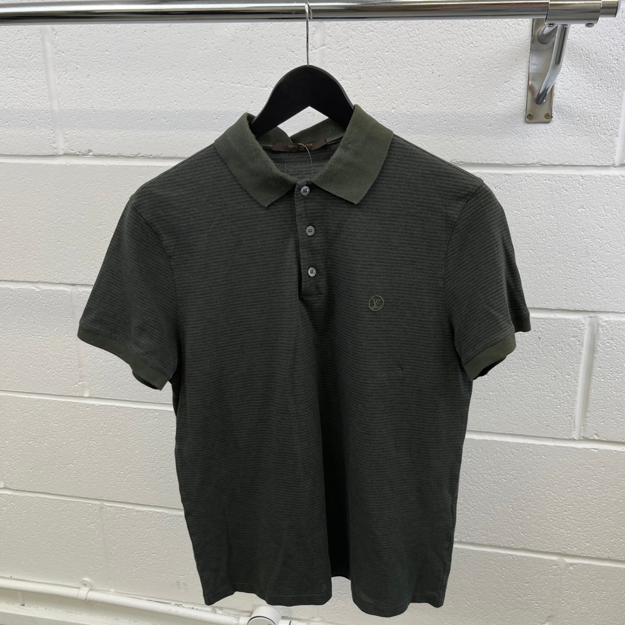 Men's Embroidered Logo Striped Polo Shirt Khaki Size S