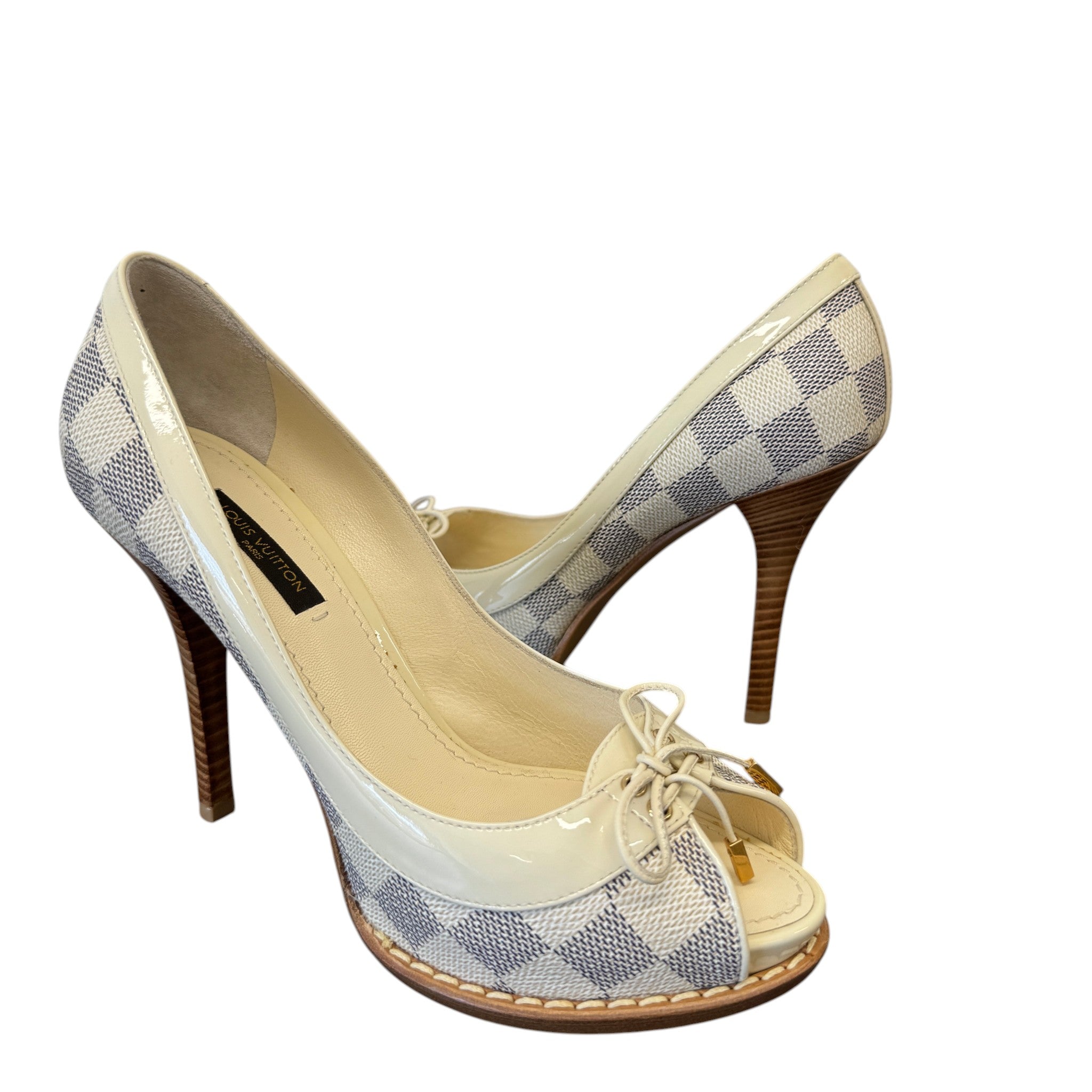 Women's Damier Azur Peep Toe Heels Cream Size EU 36 / UK 3
