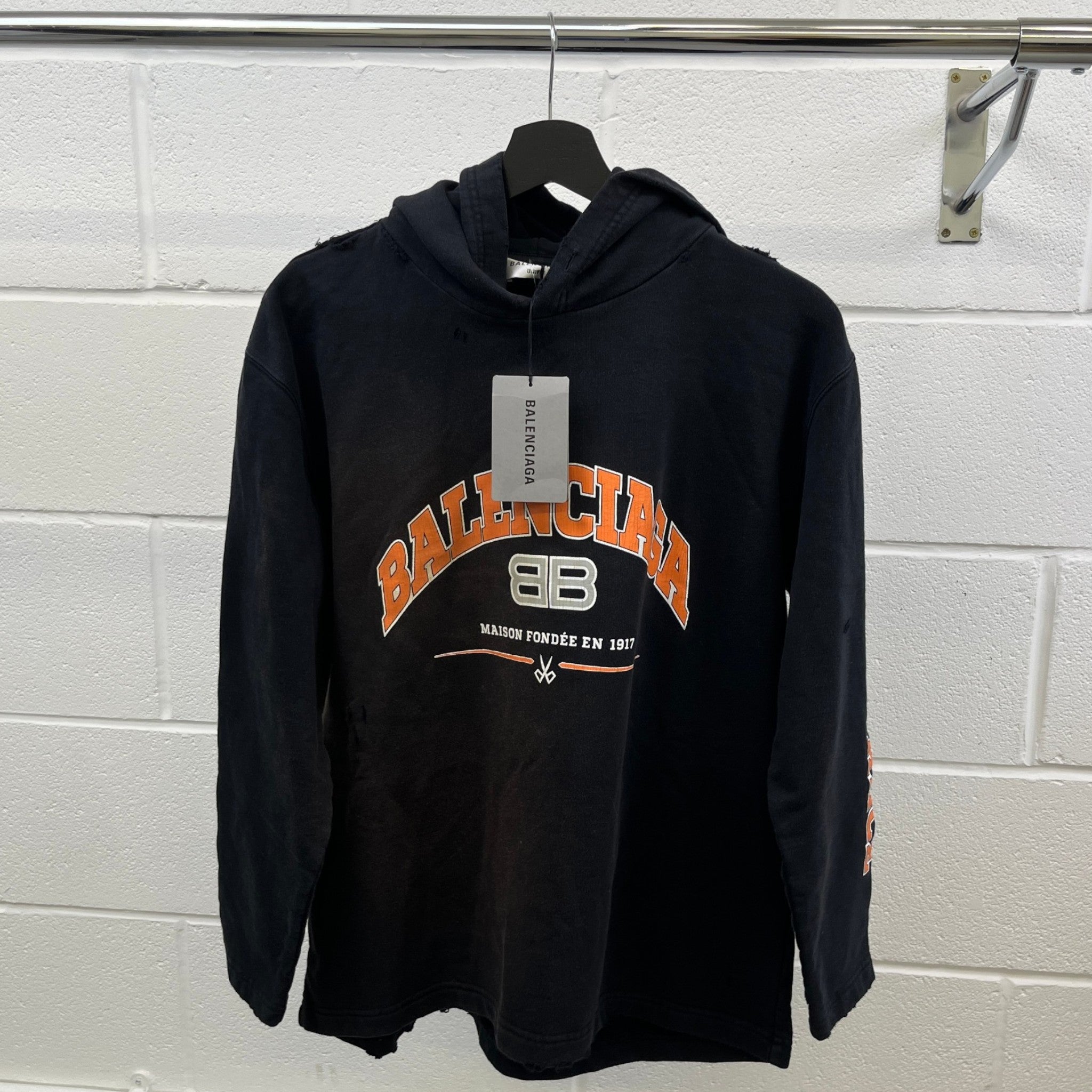 Men's Distressed Logo Print Hoodie Black Size XS