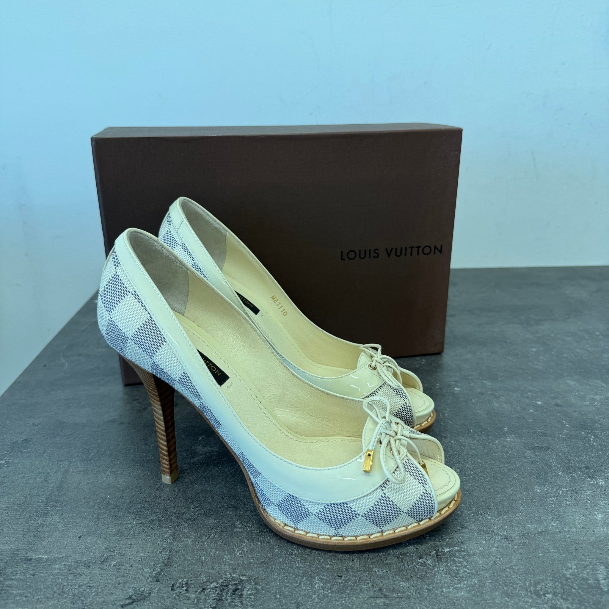 Women's Damier Azur Peep Toe Heels Cream Size EU 36 / UK 3