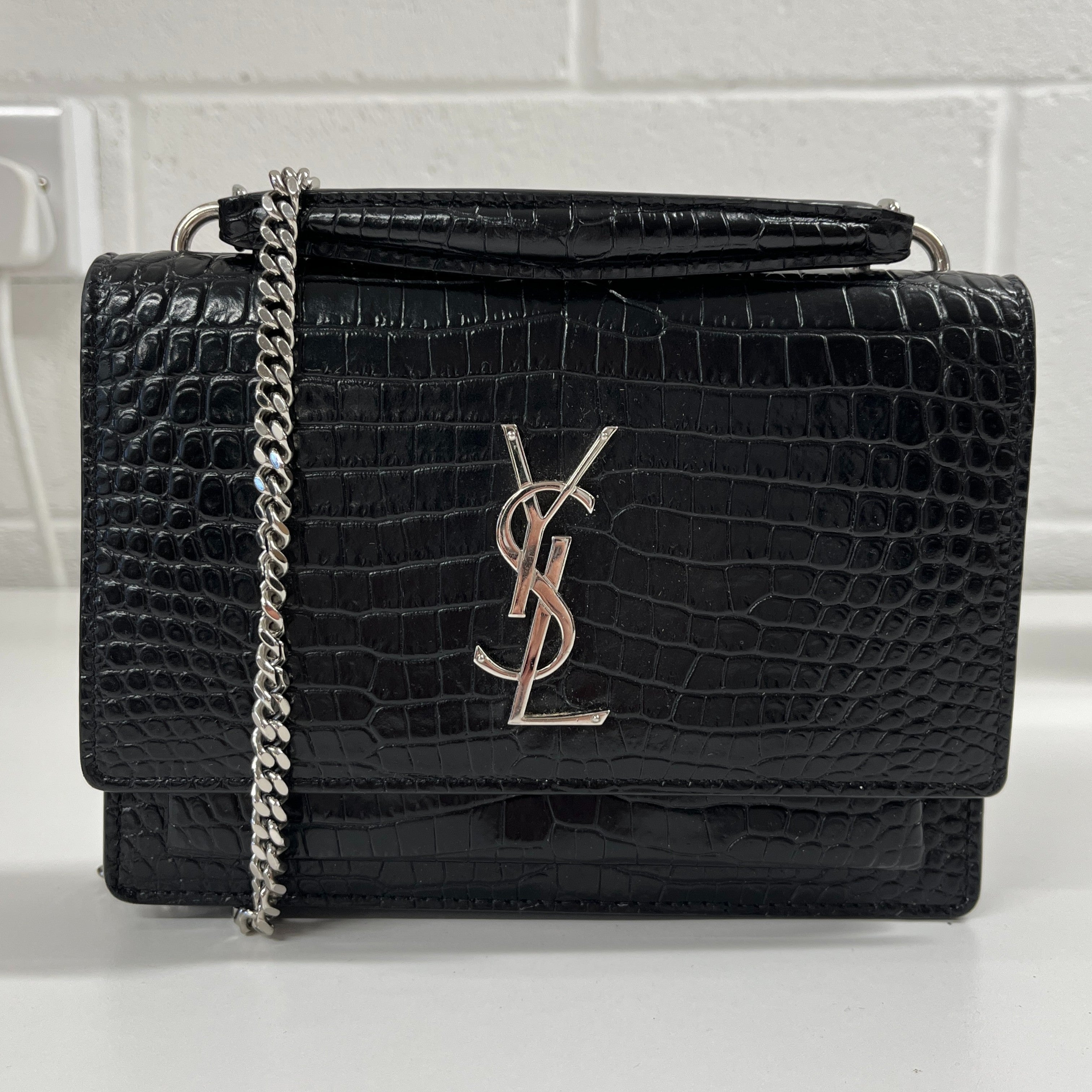 Women's Mini Sunset Croc Embossed Top Handle Bag Black