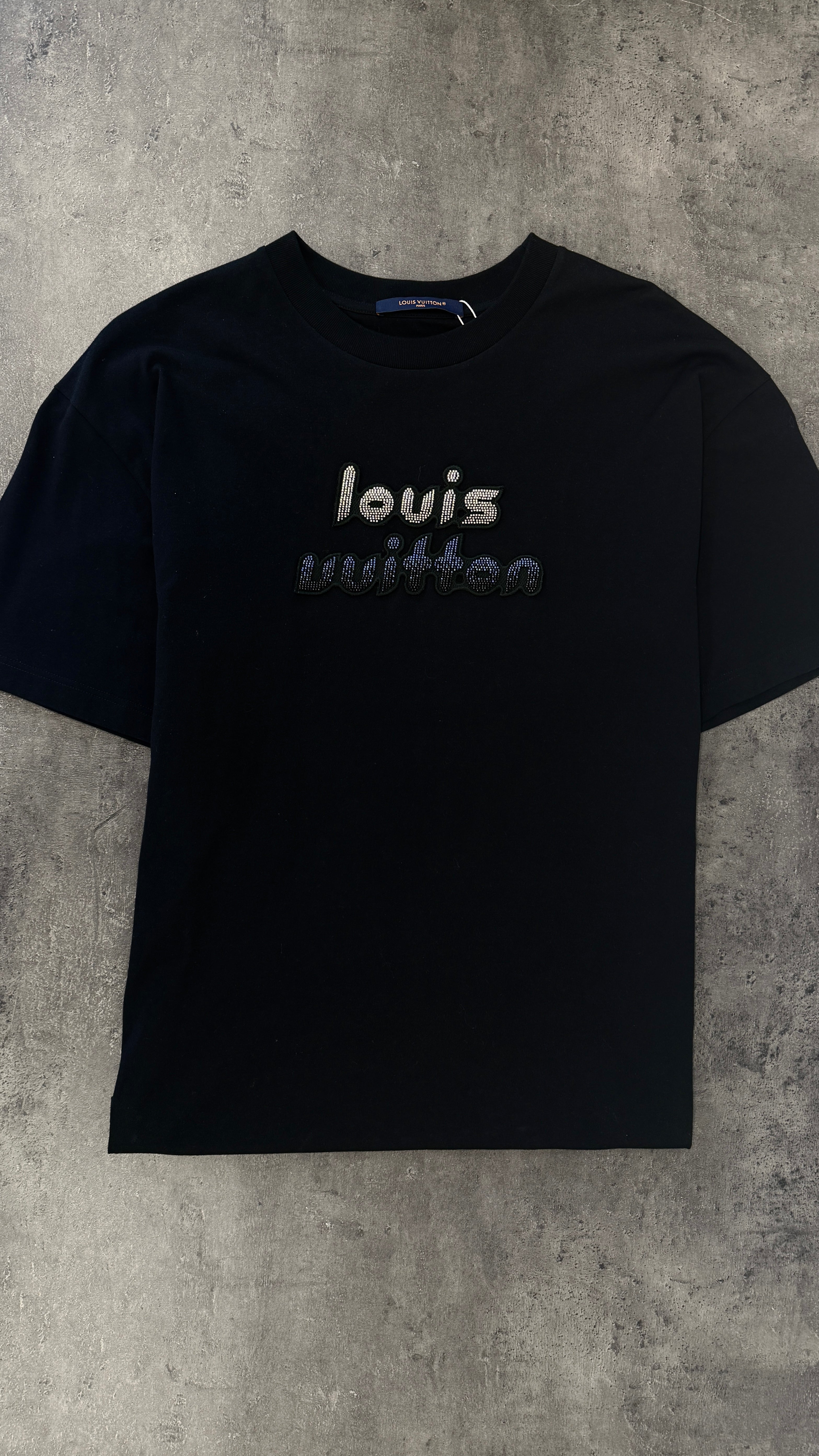 Men's Bead Embellished Cotton T-Shirt Black Size L