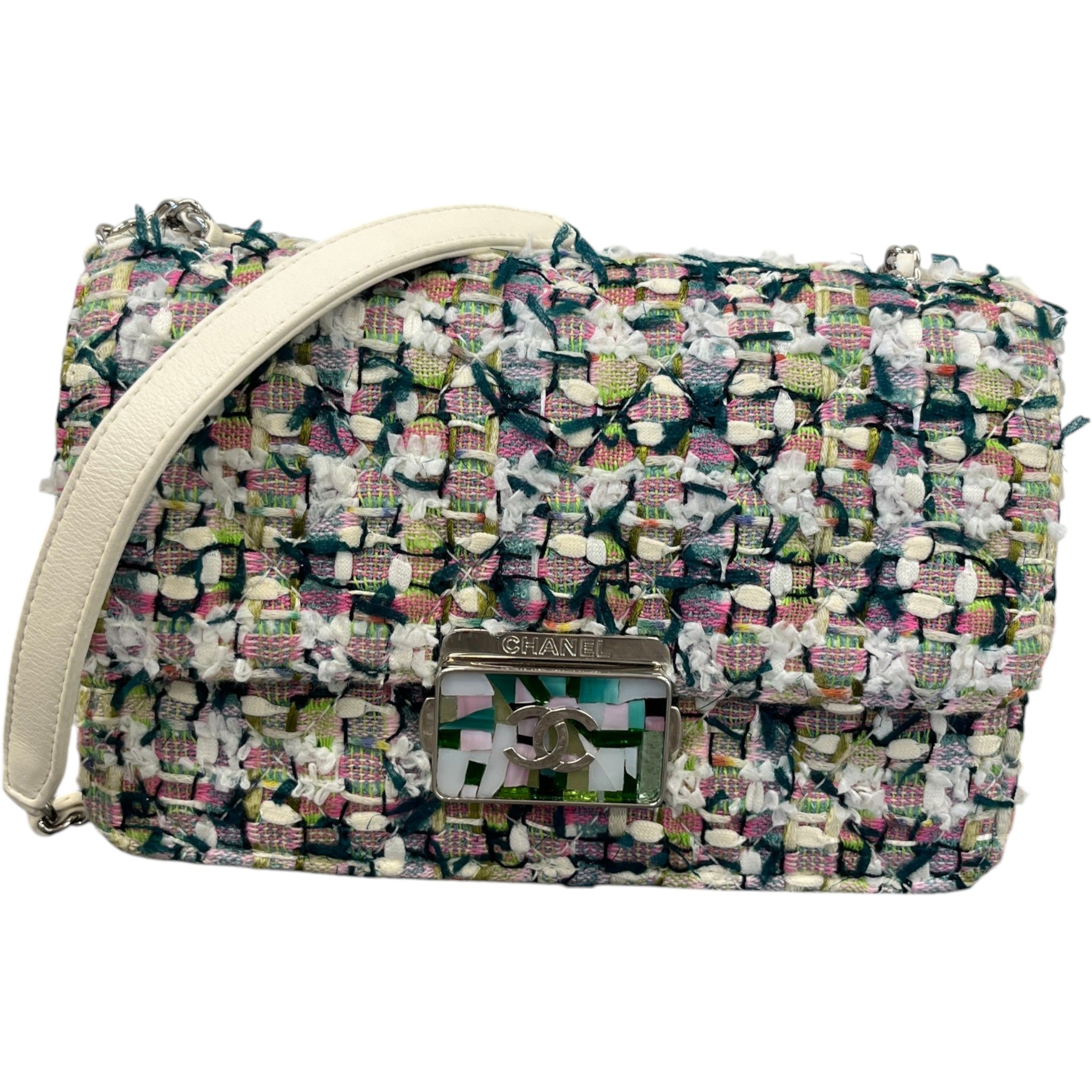 Women's Tweed Beauty Lock Flap Bag White