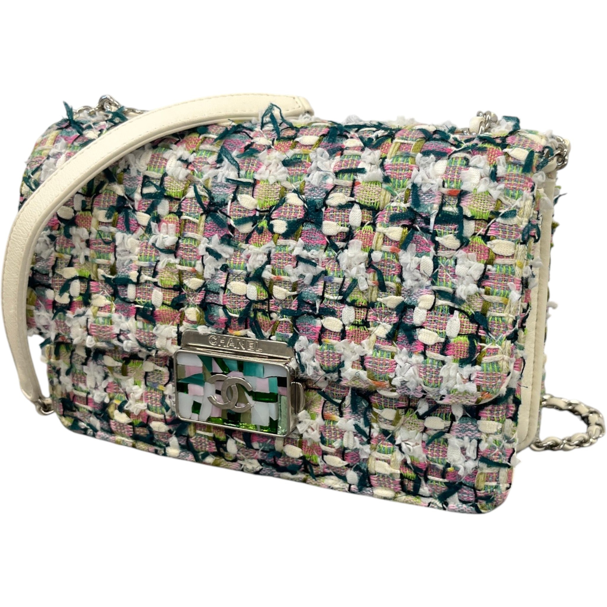 Women's Tweed Beauty Lock Flap Bag White