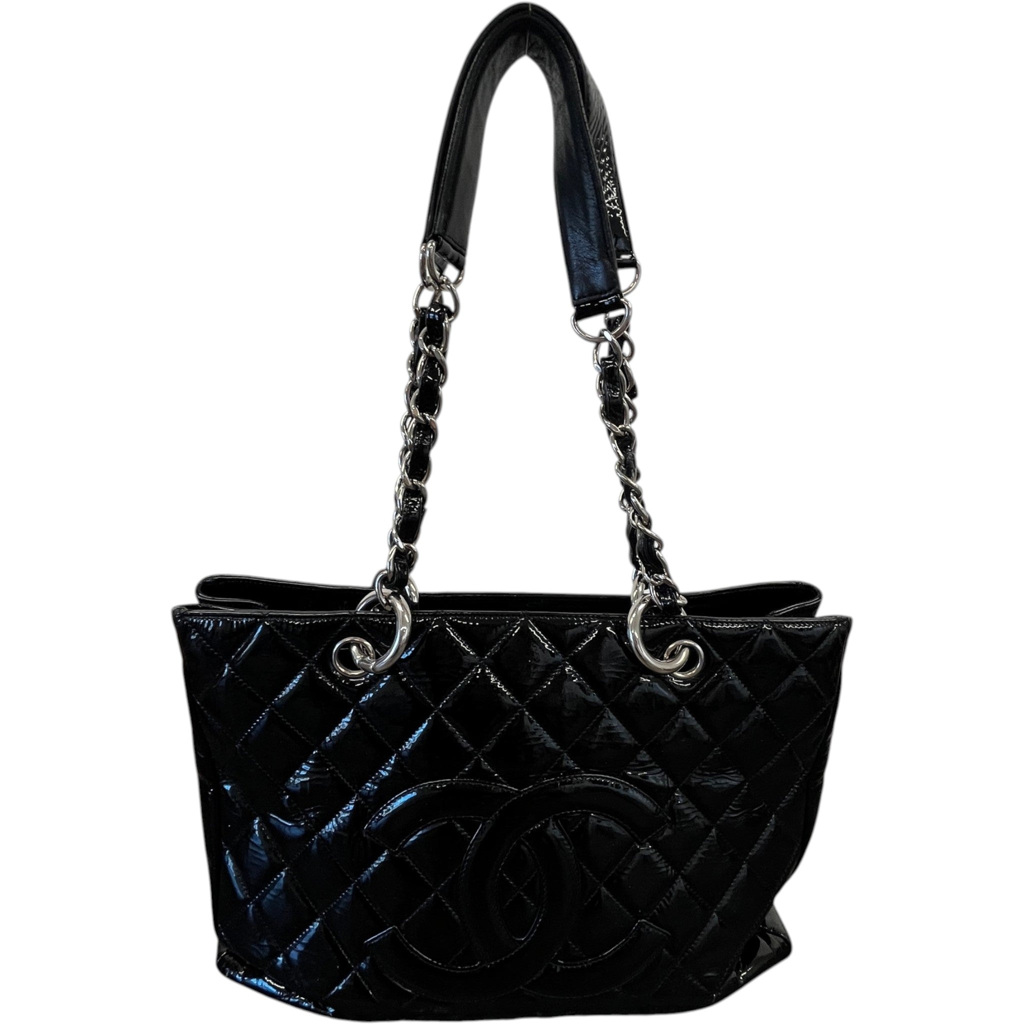 Women's Quilted Patent Grand Shopping Tote Gst Handbag Black