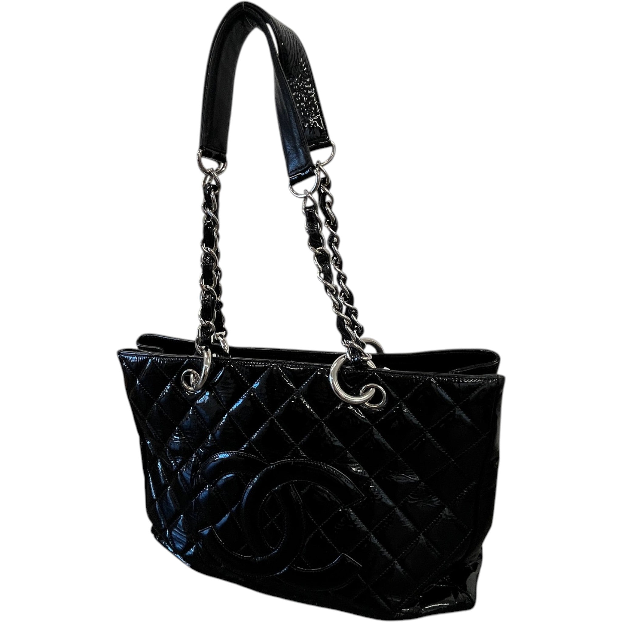 Women's Quilted Patent Grand Shopping Tote Gst Handbag Black