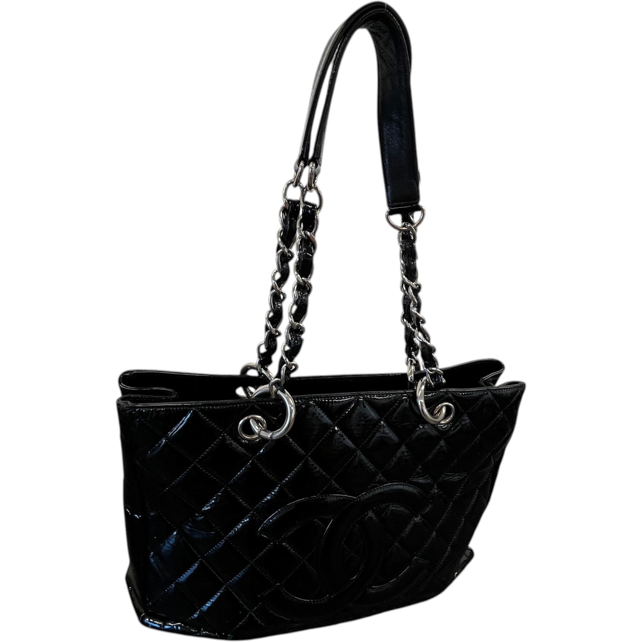 Women's Quilted Patent Grand Shopping Tote Gst Handbag Black