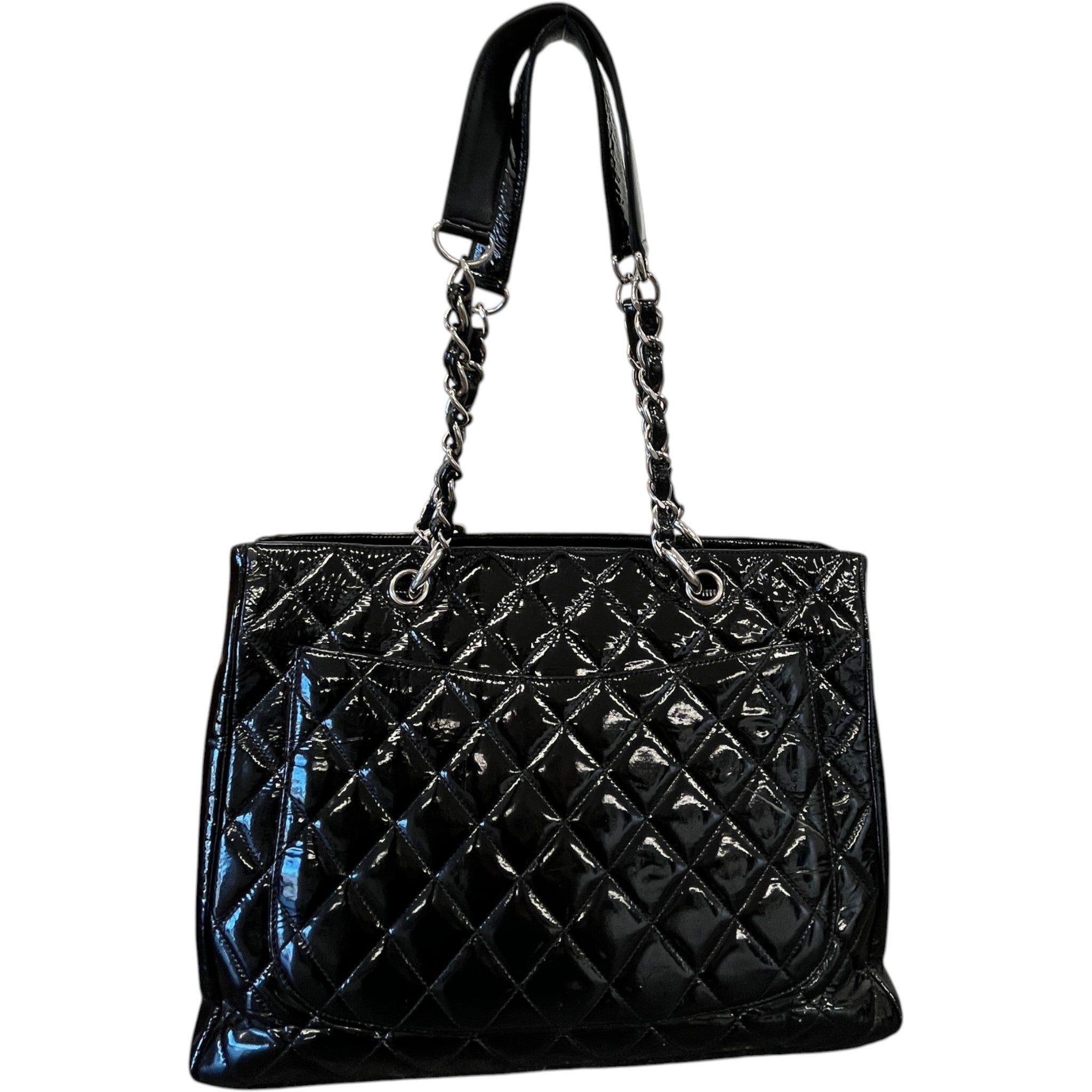 Women's Quilted Patent Grand Shopping Tote Gst Handbag Black