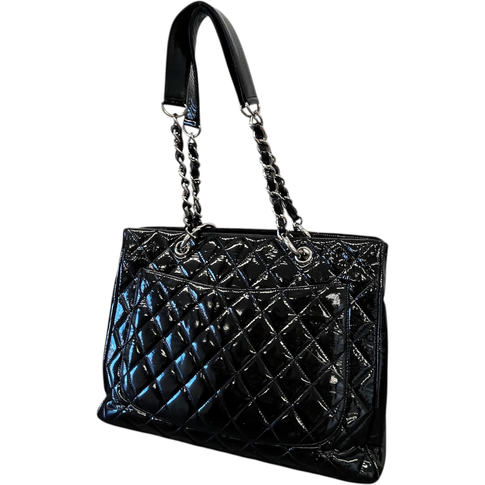 Women's Quilted Patent Grand Shopping Tote Gst Handbag Black
