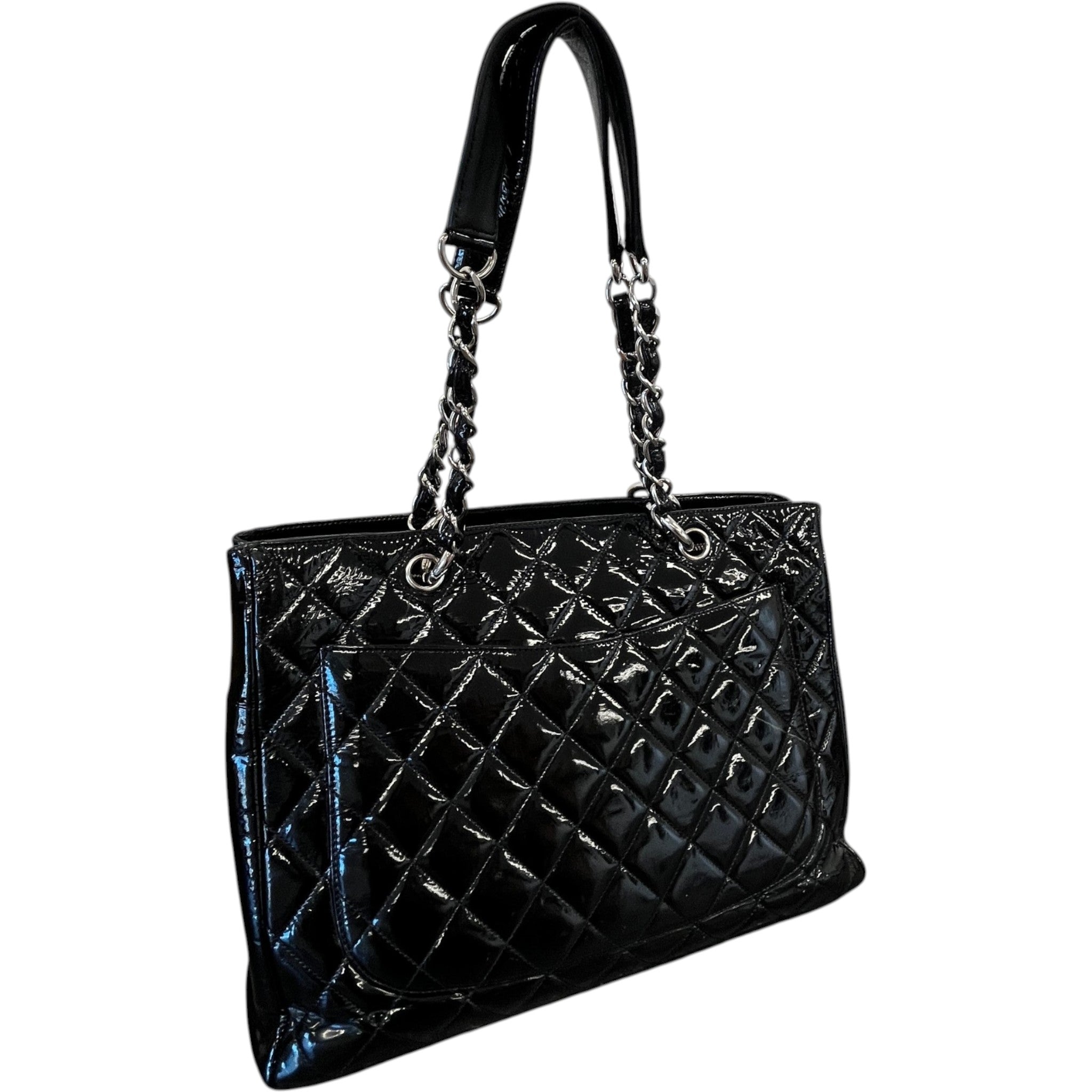 Women's Quilted Patent Grand Shopping Tote Gst Handbag Black