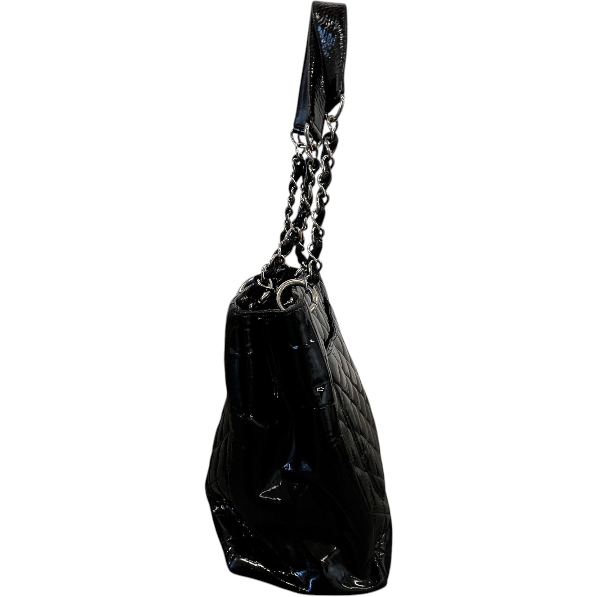 Women's Quilted Patent Grand Shopping Tote Gst Handbag Black