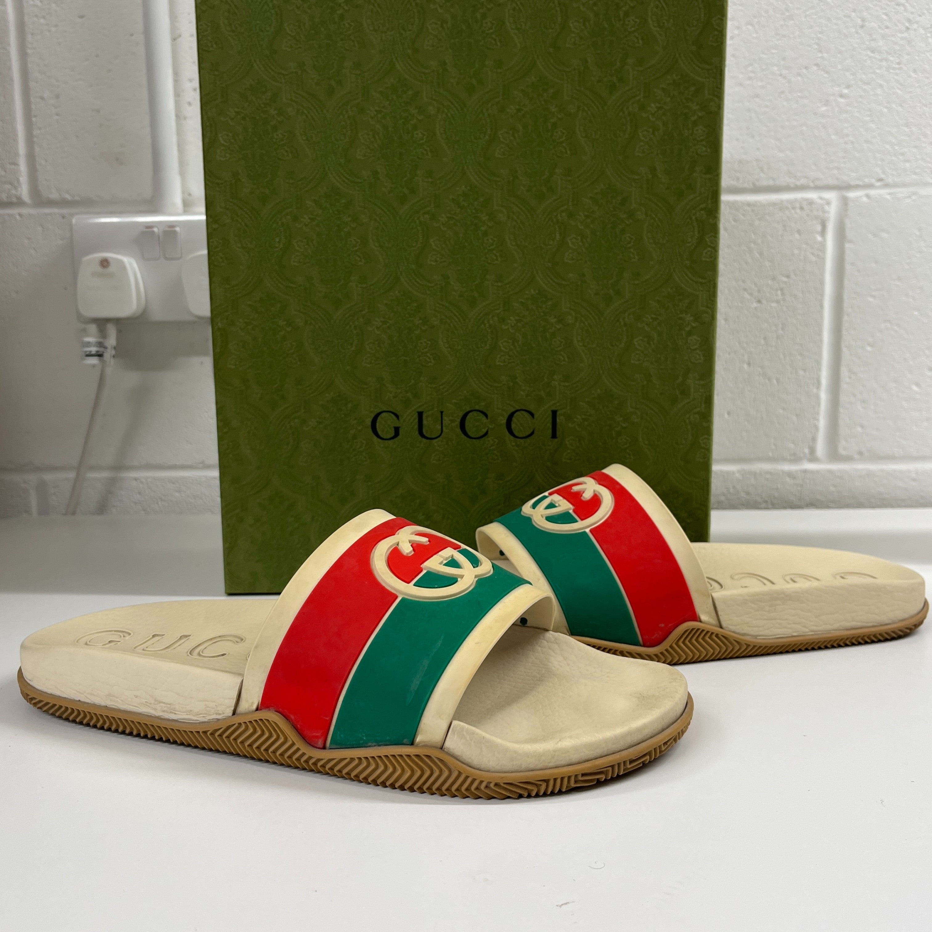 Men's Interlocking G Web Slides Beige Size EU 44 / UK 10