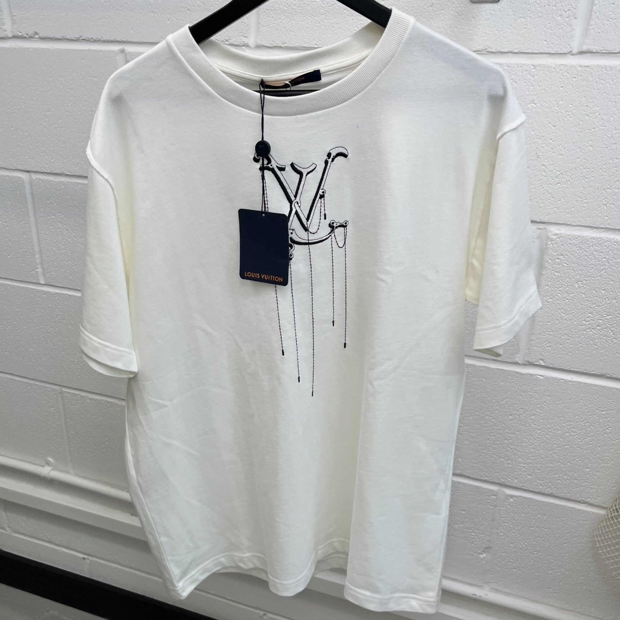 Men's Lv Embroidered Pendant Logo T-Shirt White Size L